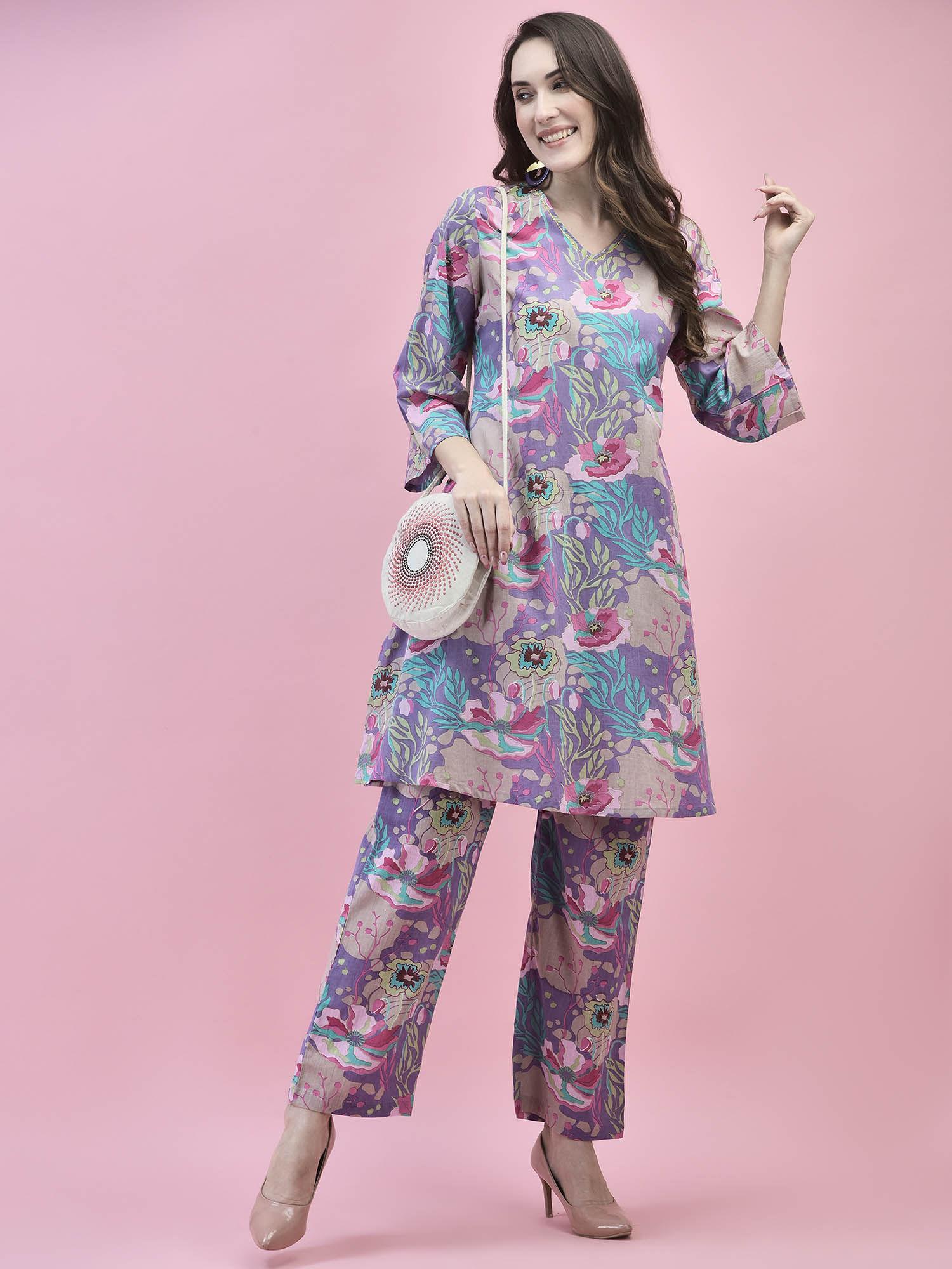 women cotton purple floral print kurta with comfort pant (set of 2)