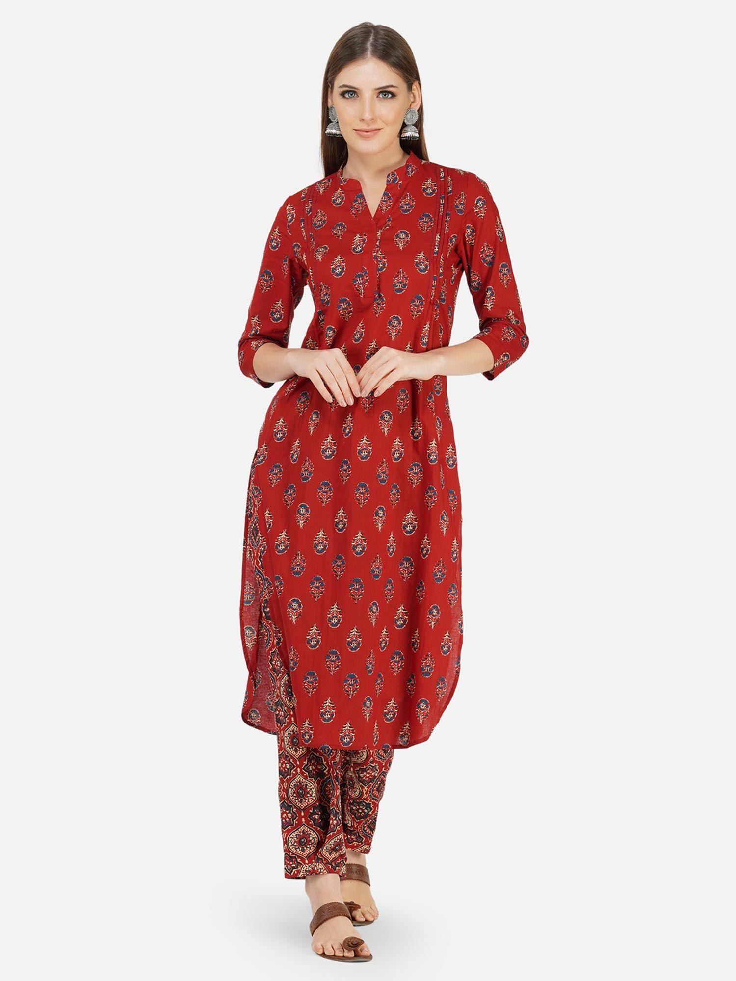 women cotton red ajrakh print kurta with pintucks and u-shaped bottom