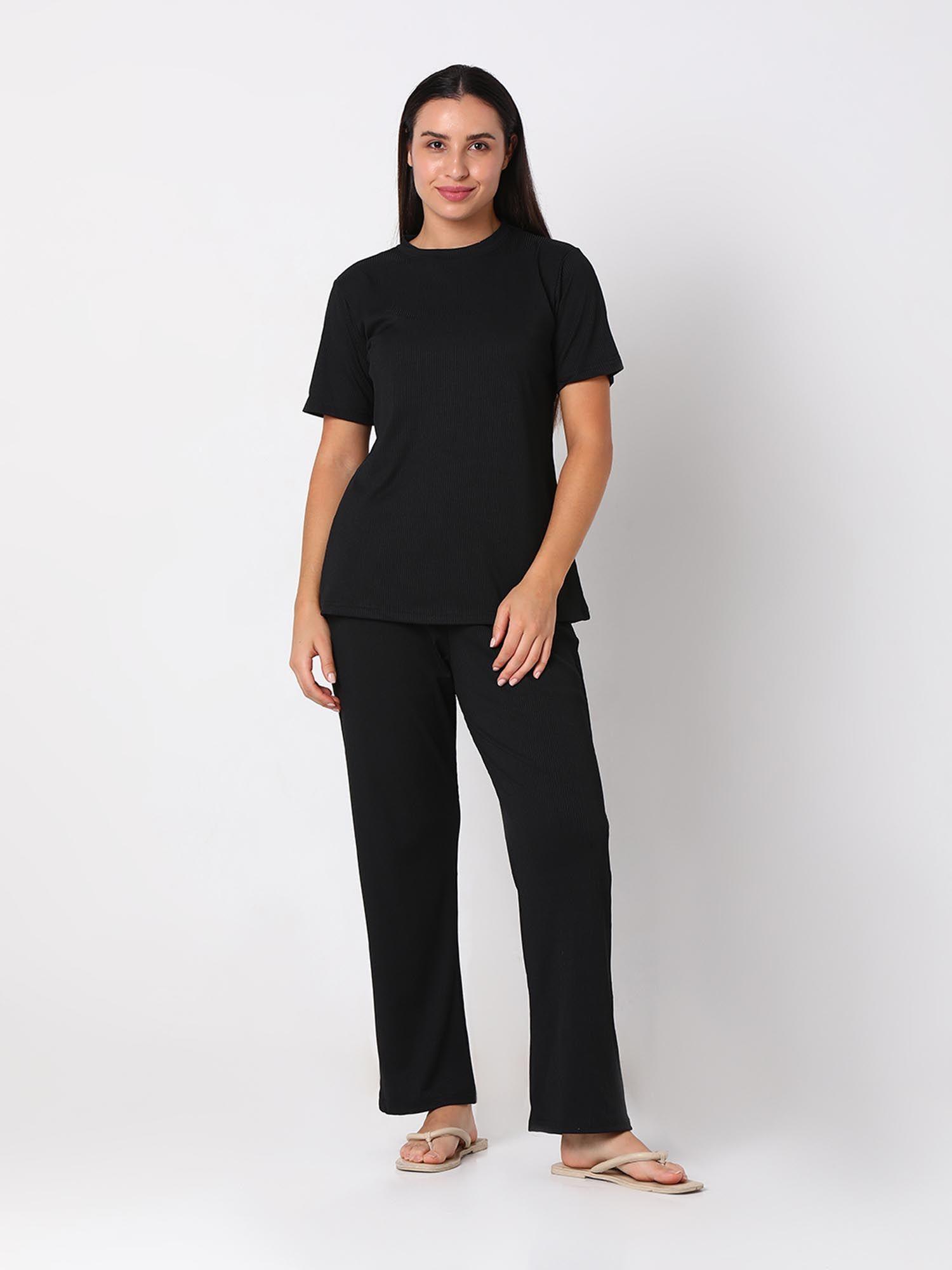 women cotton rib black round neck night suit (set of 2)