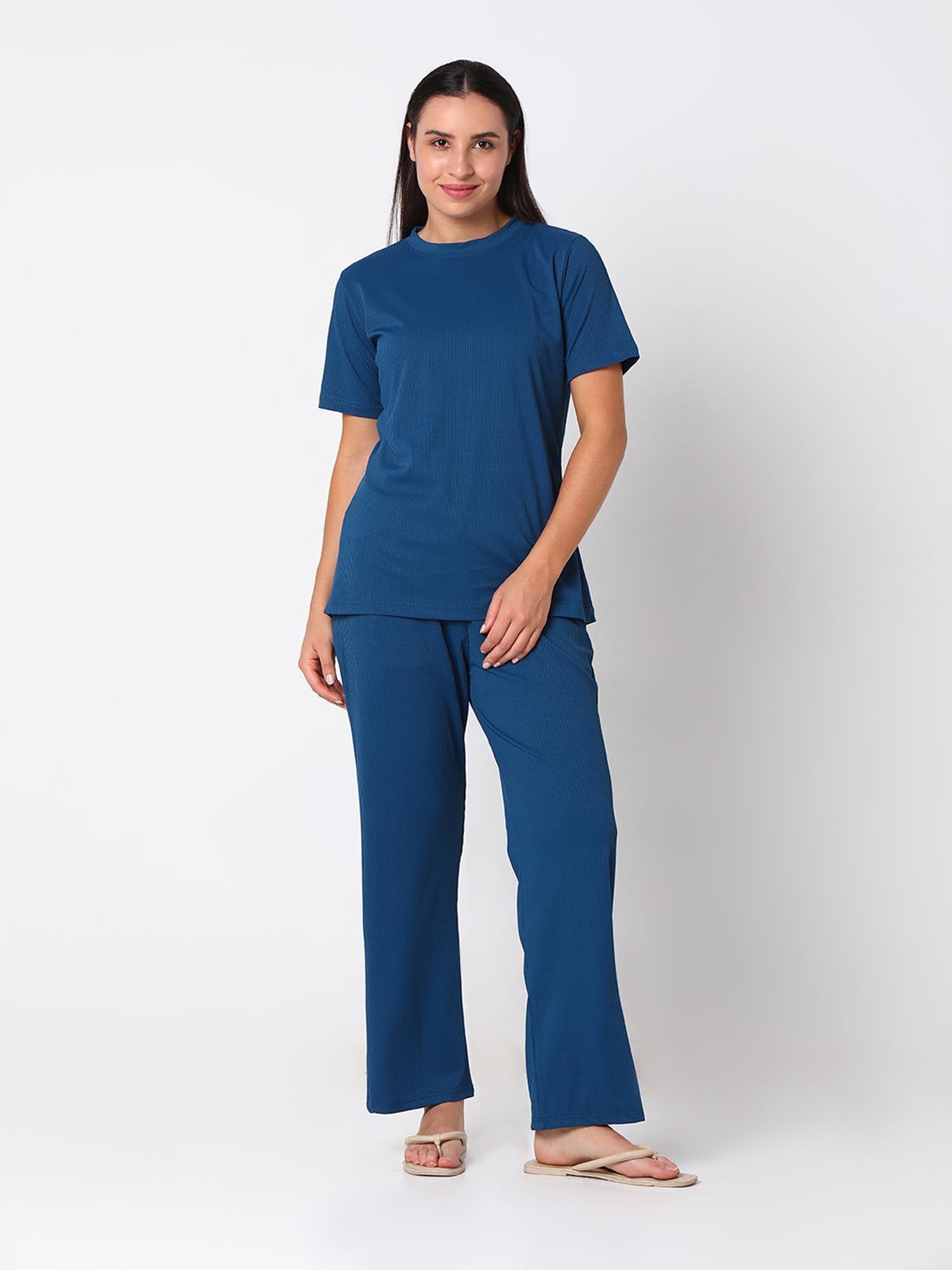 women cotton rib blueround neck night suit (set of 2)