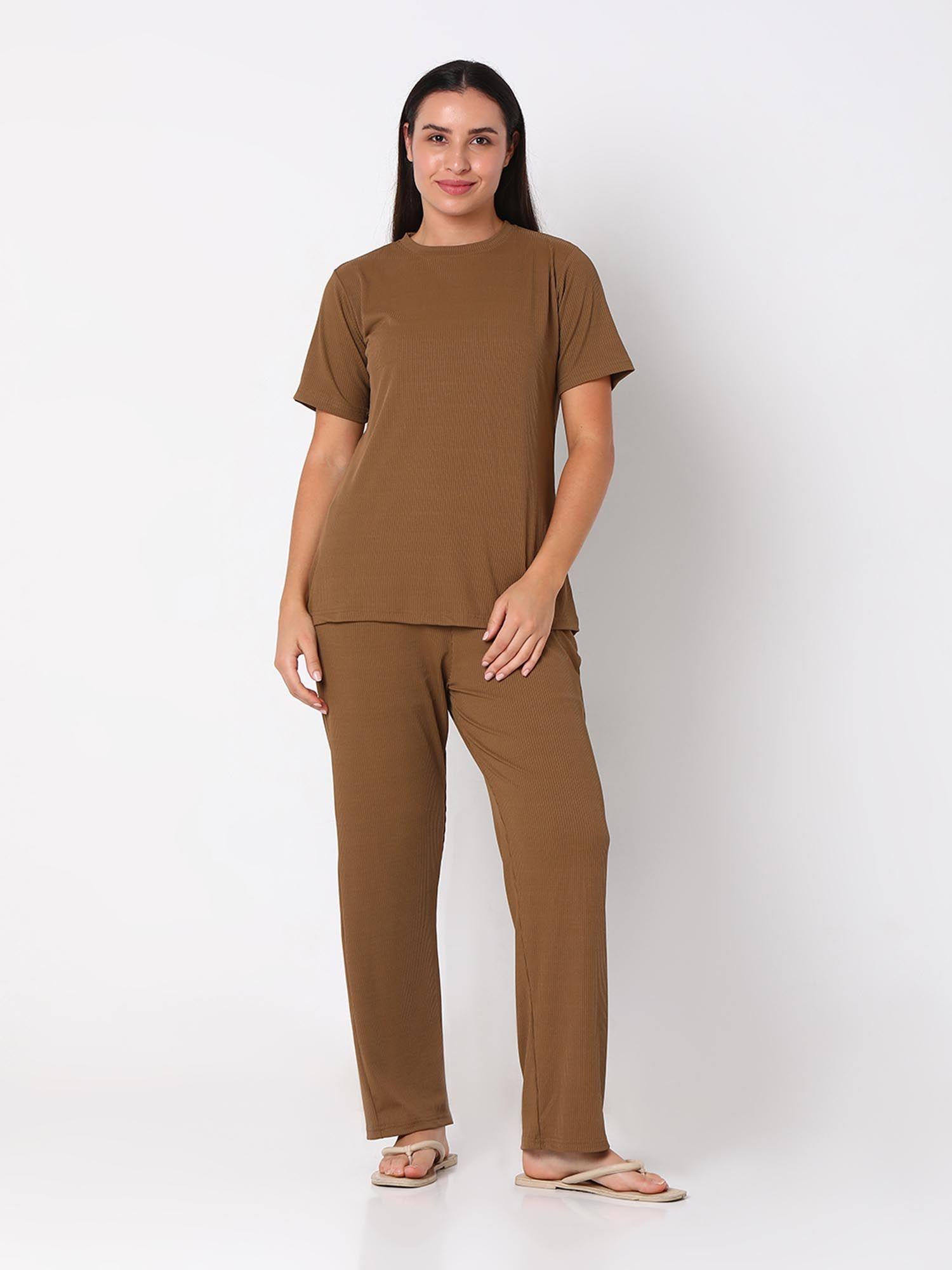 women cotton rib brown round neck night suit (set of 2)