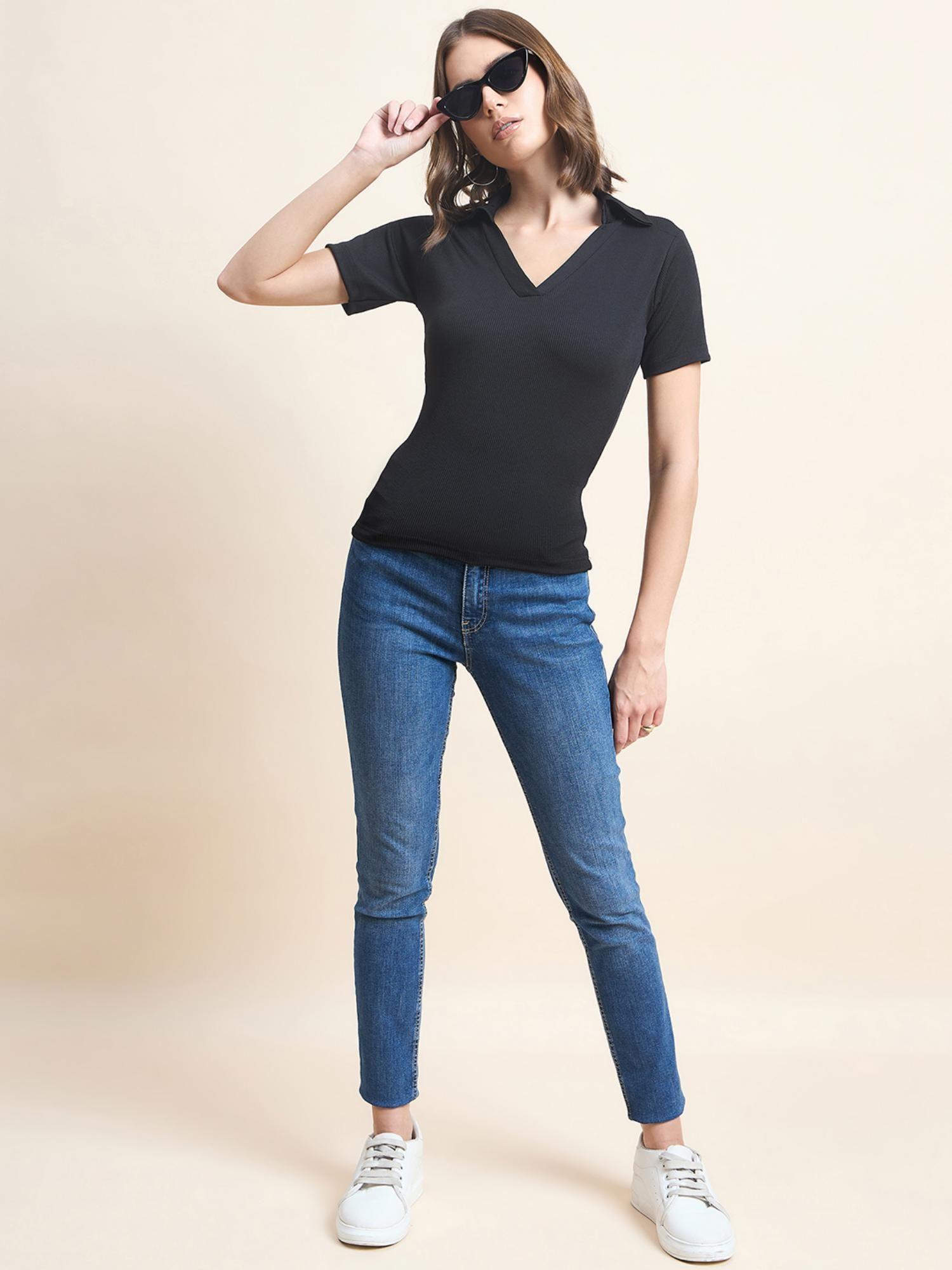 women cotton ribbed slim fit tunic top