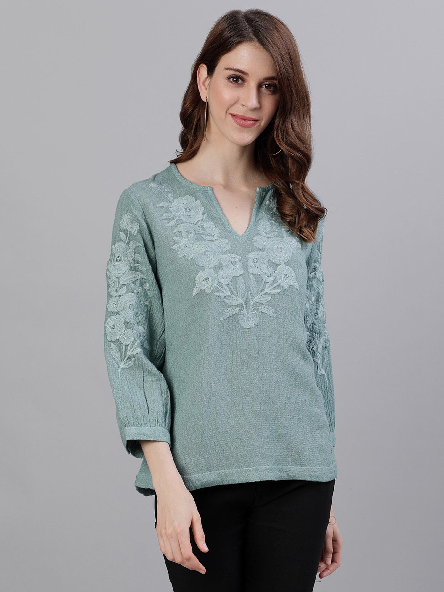 women cotton sea green embroidered top