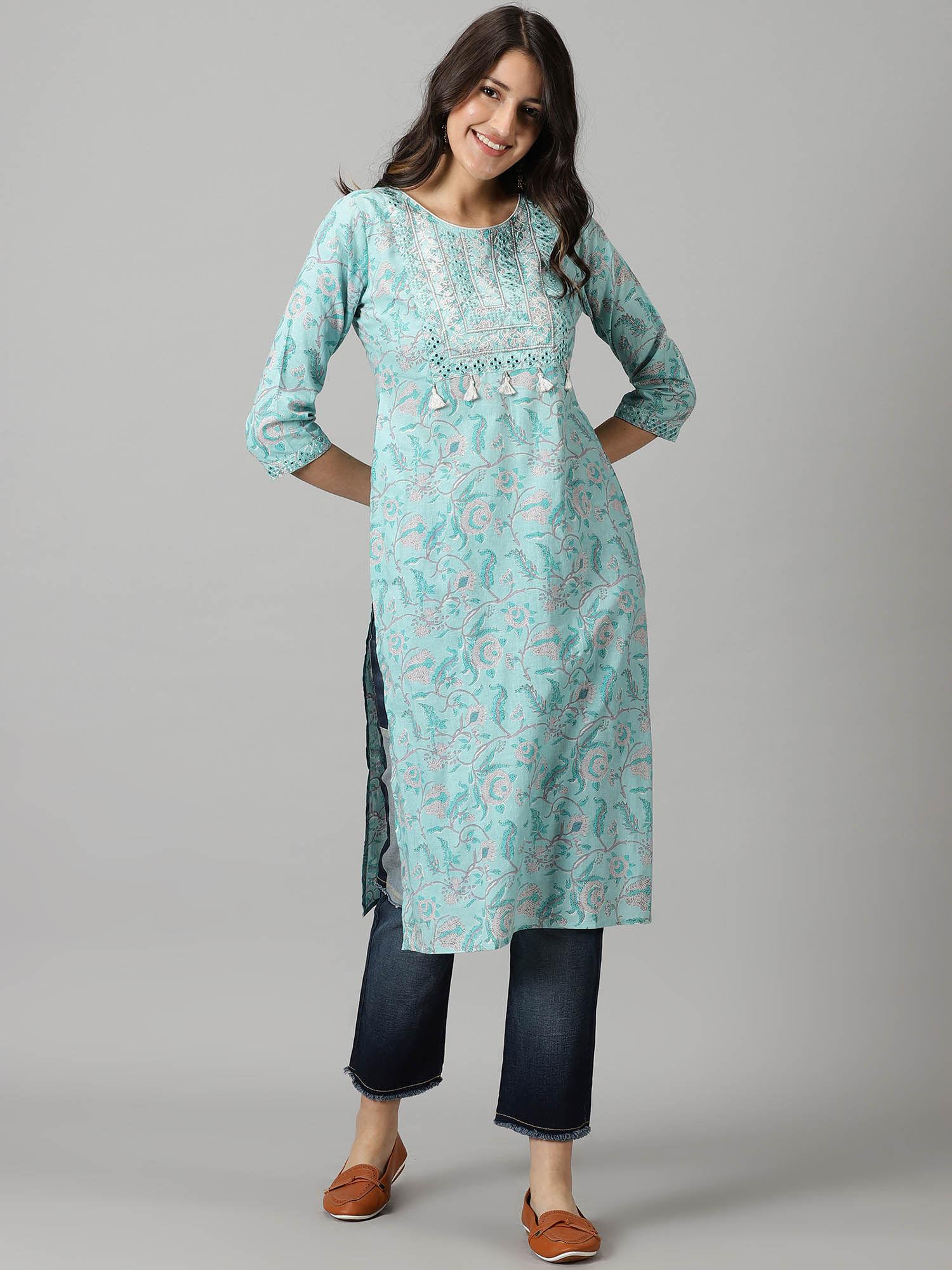 women cotton sky blue floral print embroidered straight kurta