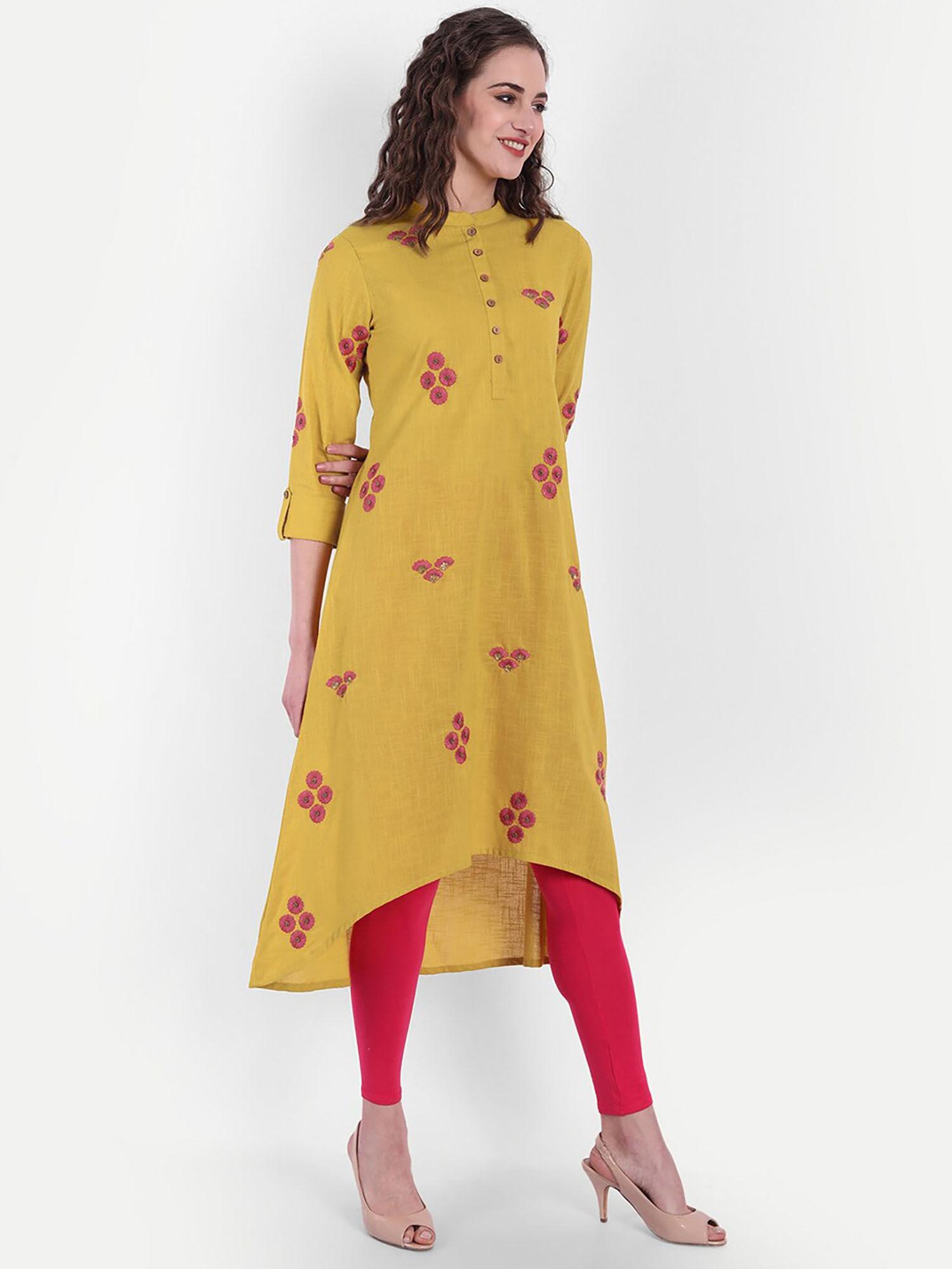 women cotton slub embroidered high low kurta - yellow