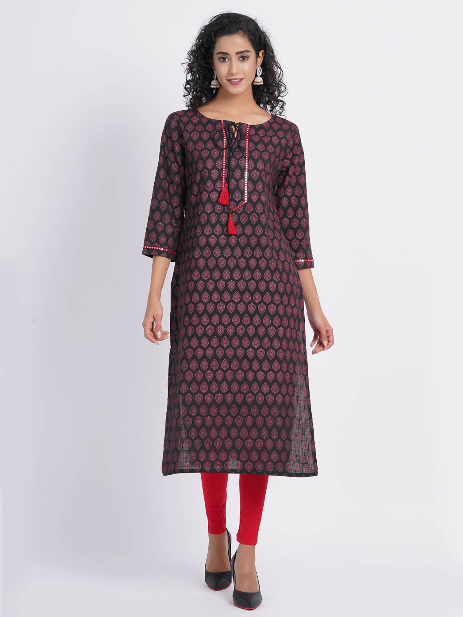 women cotton slub printed mirror embroidery straight kurta black