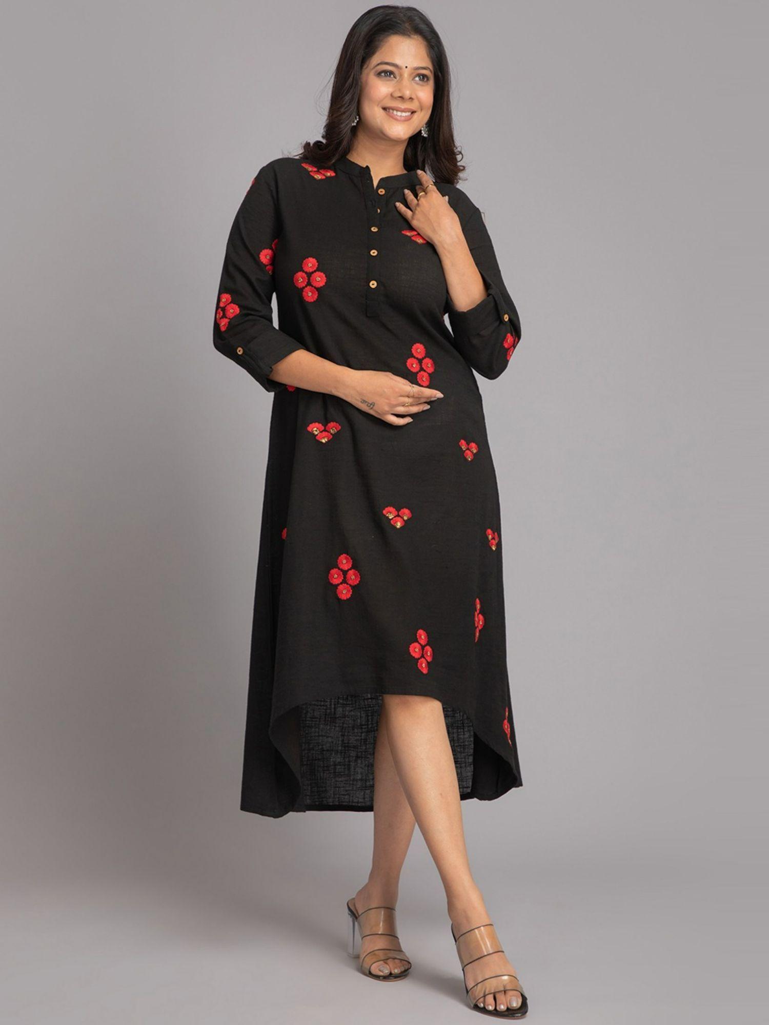 women cotton slub solid dress kurti embellished with embroidery black