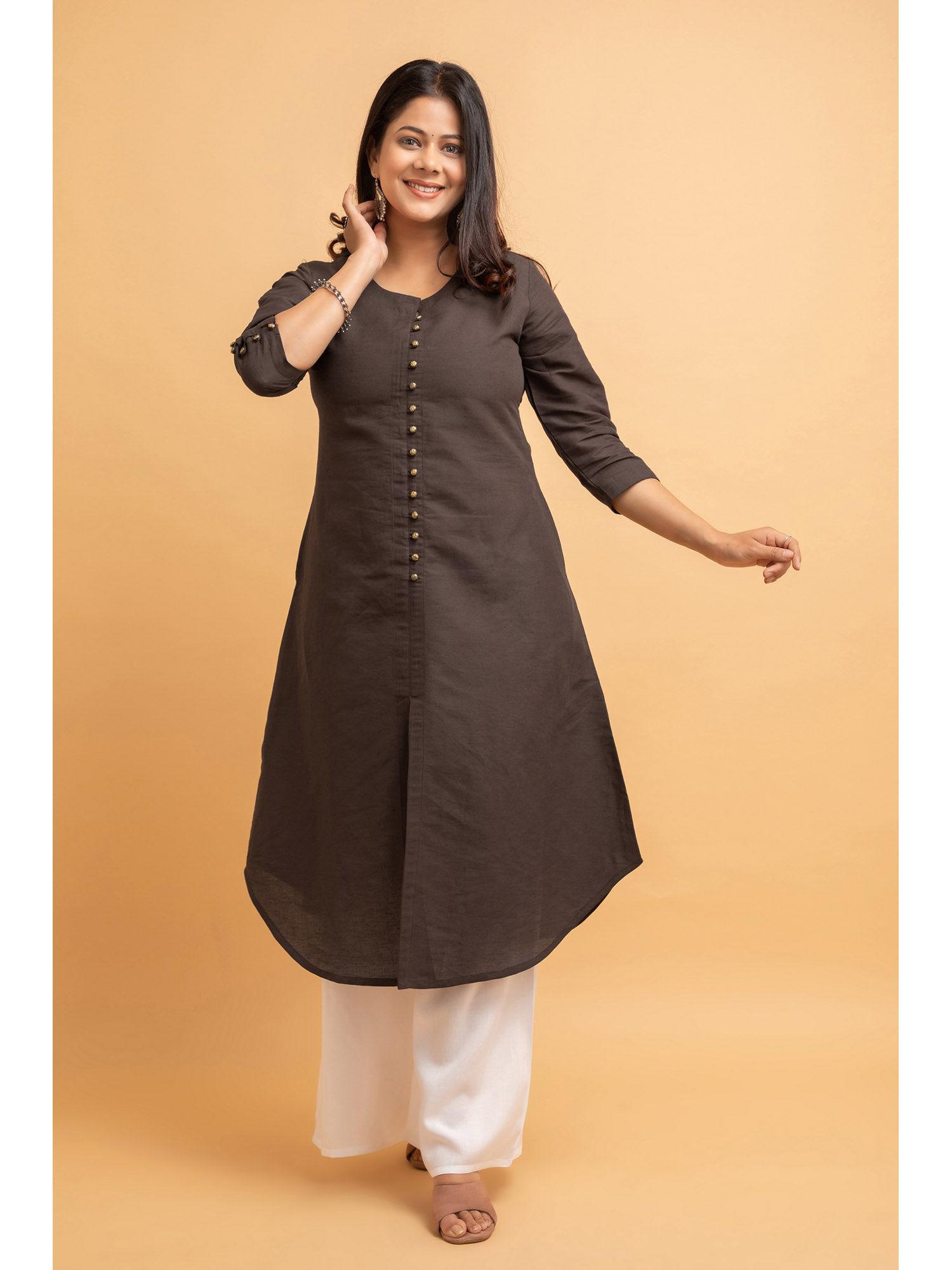 women cotton solid a-line kurta - dark brown