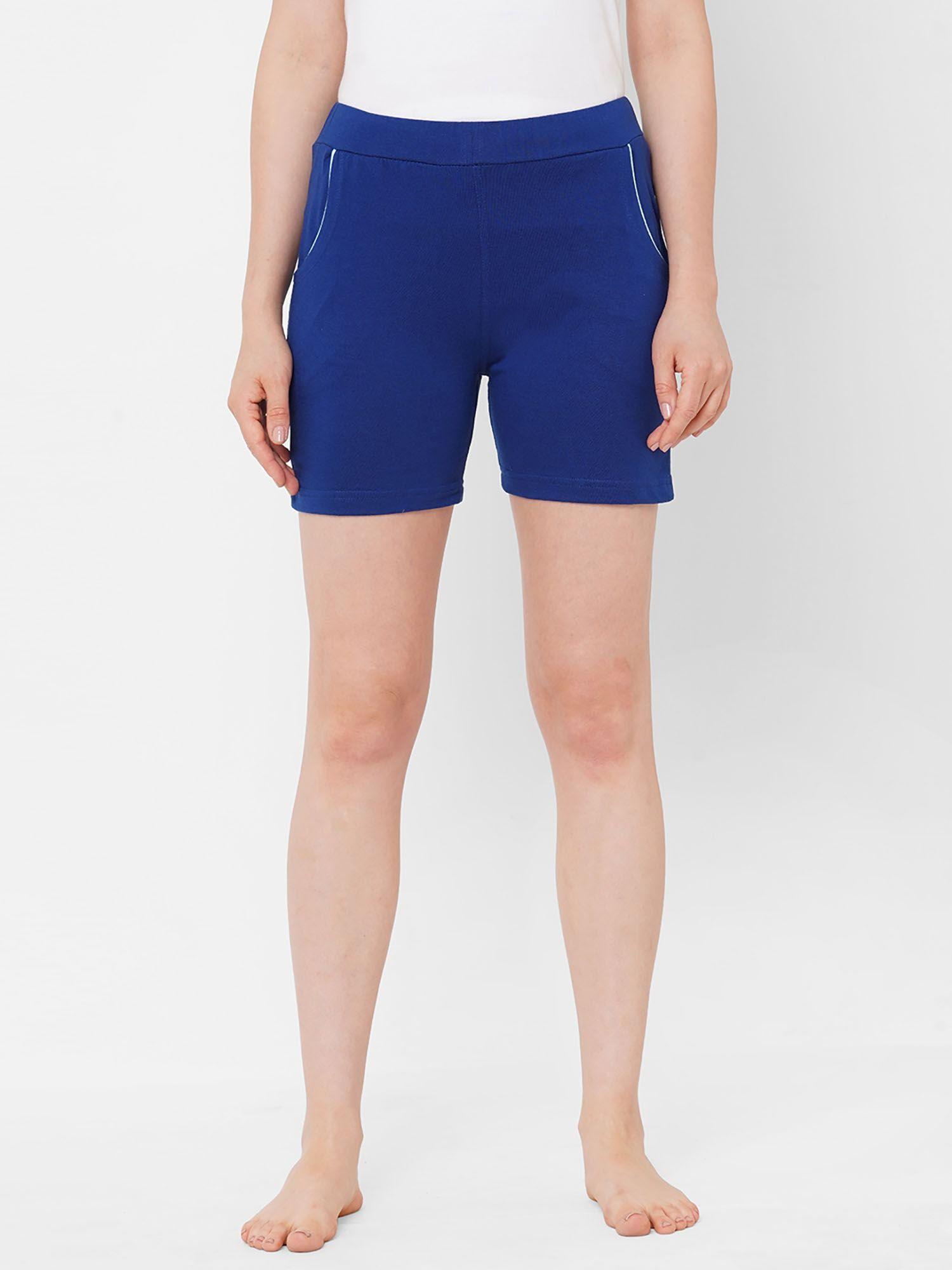 women cotton solid bermudas-blue