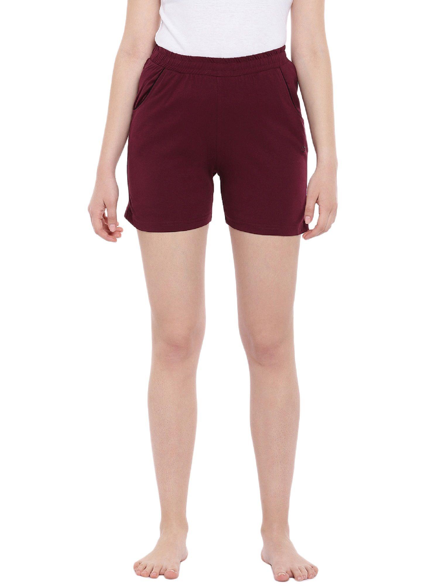 women cotton solid bermudas-maroon