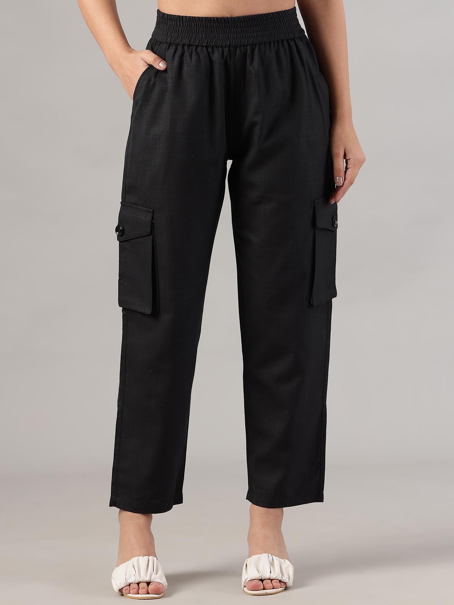 women cotton solid black high waist cargo trouser