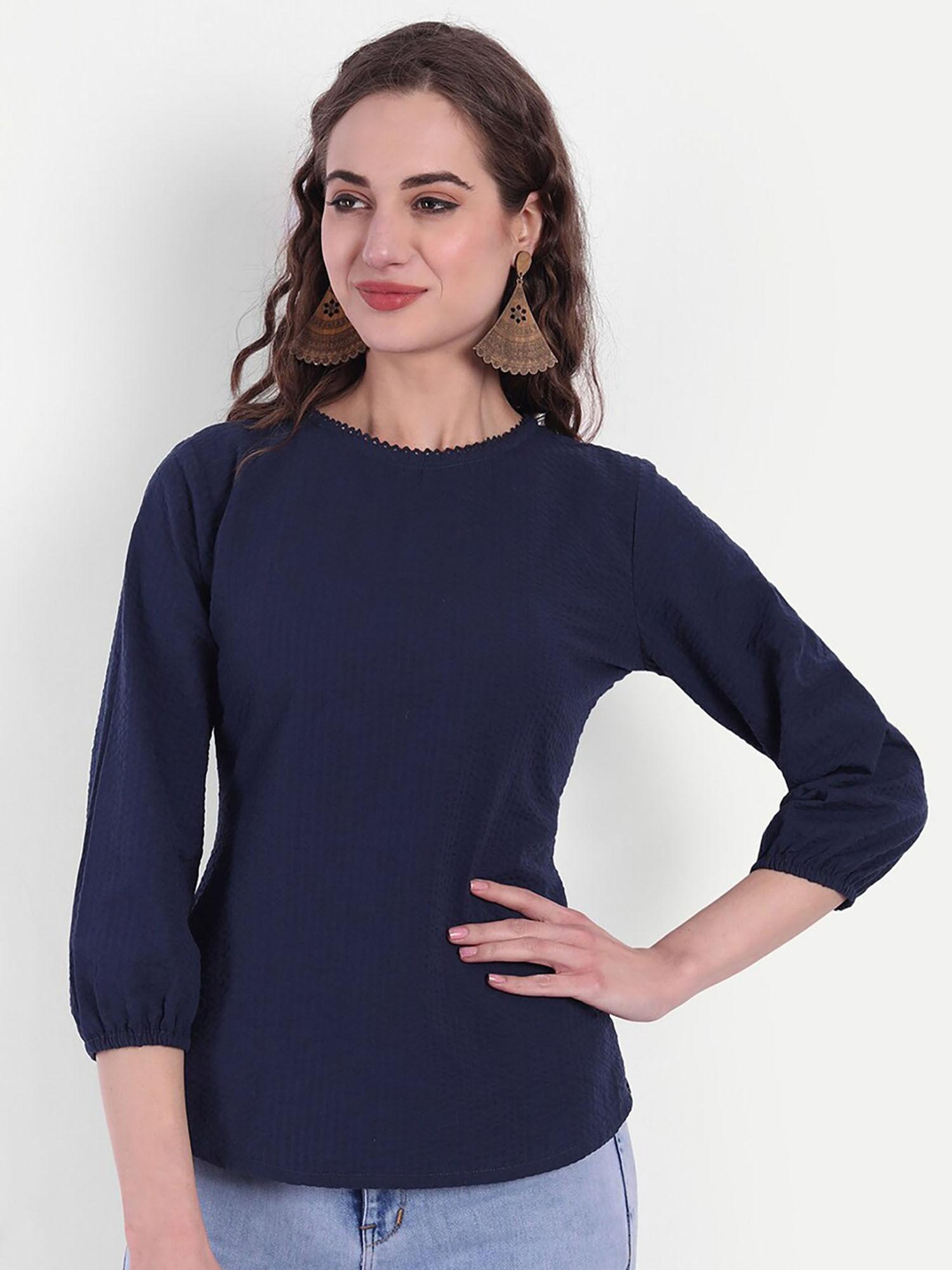 women cotton solid colour top - navy blue