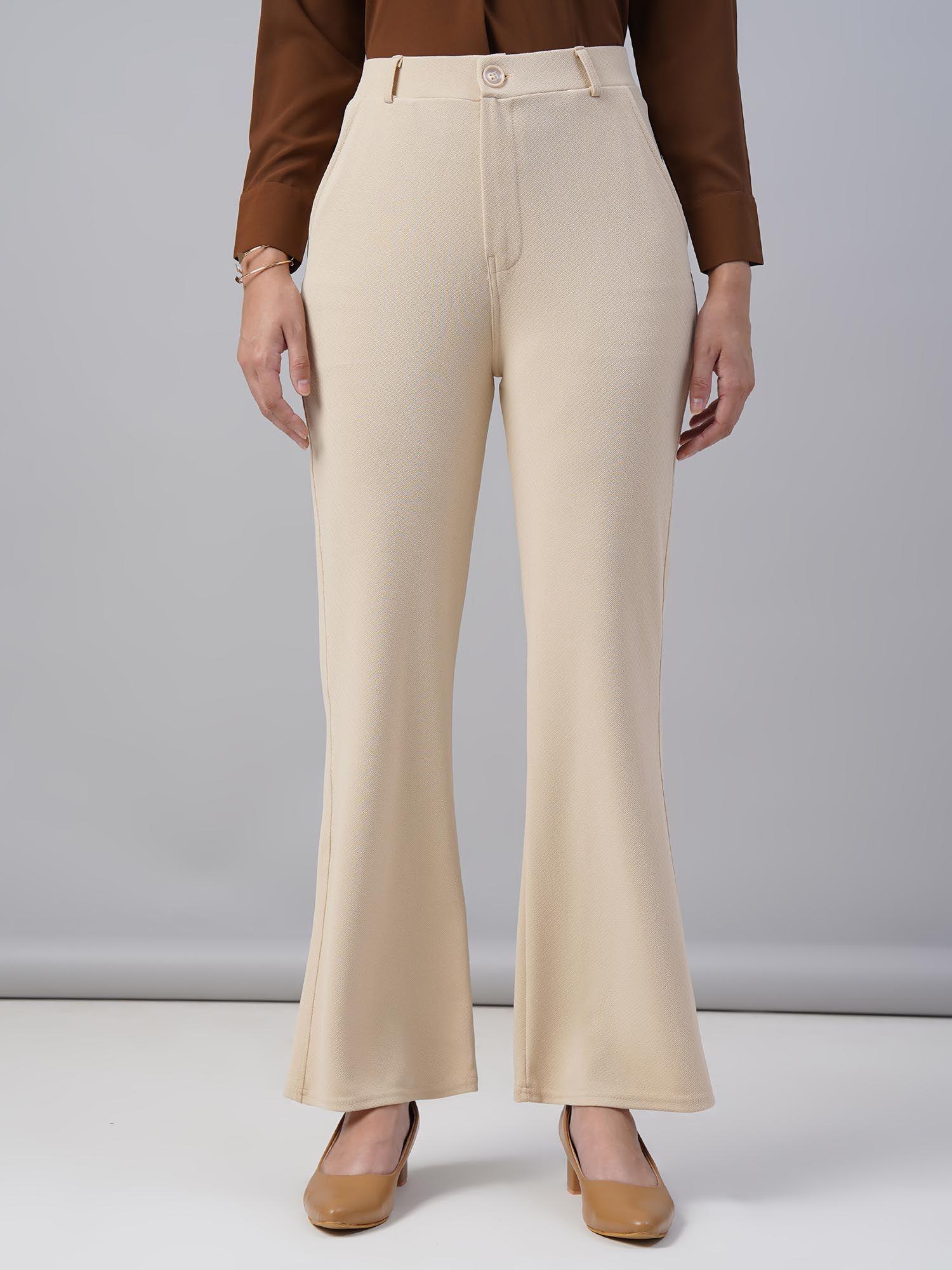 women cotton solid cream high waist formal trouser