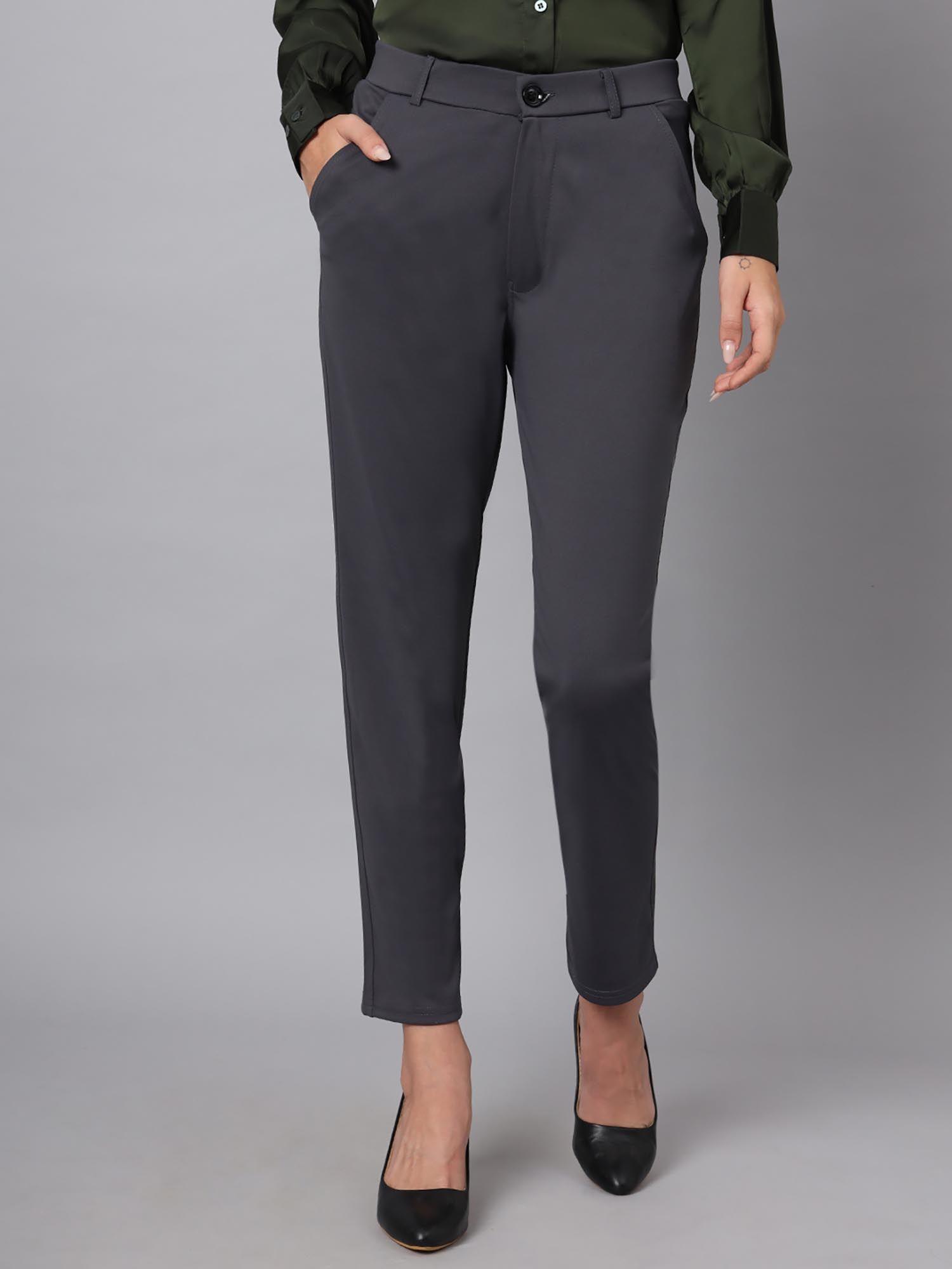 women cotton solid grey high waist formal trouser