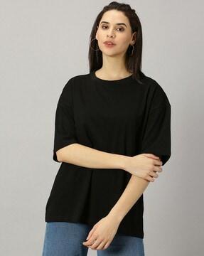 women cotton solid oversized drop shoulder t-shirt