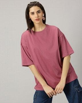 women cotton solid oversized drop shoulder t-shirt