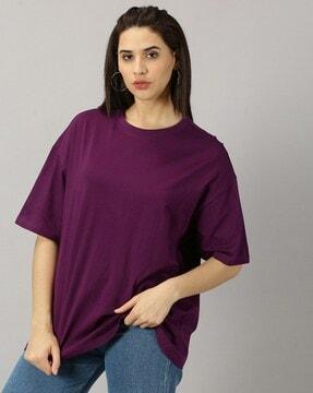 women cotton solid oversized drop shoulder t-shirt