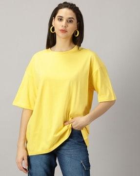 women cotton solid oversized drop shoulder t-shirt