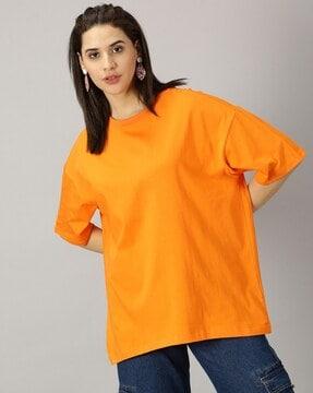 women cotton solid oversized drop shoulder t-shirt