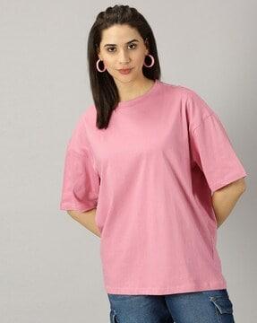 women cotton solid oversized drop shoulder t-shirt