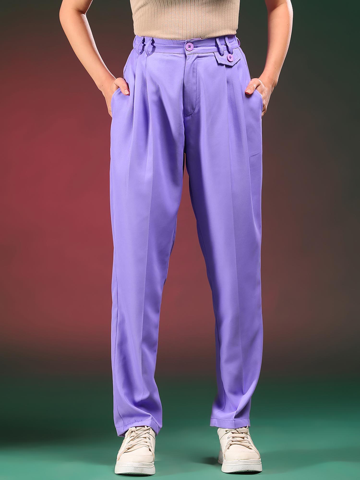 women cotton solid purple high waist casual trouser