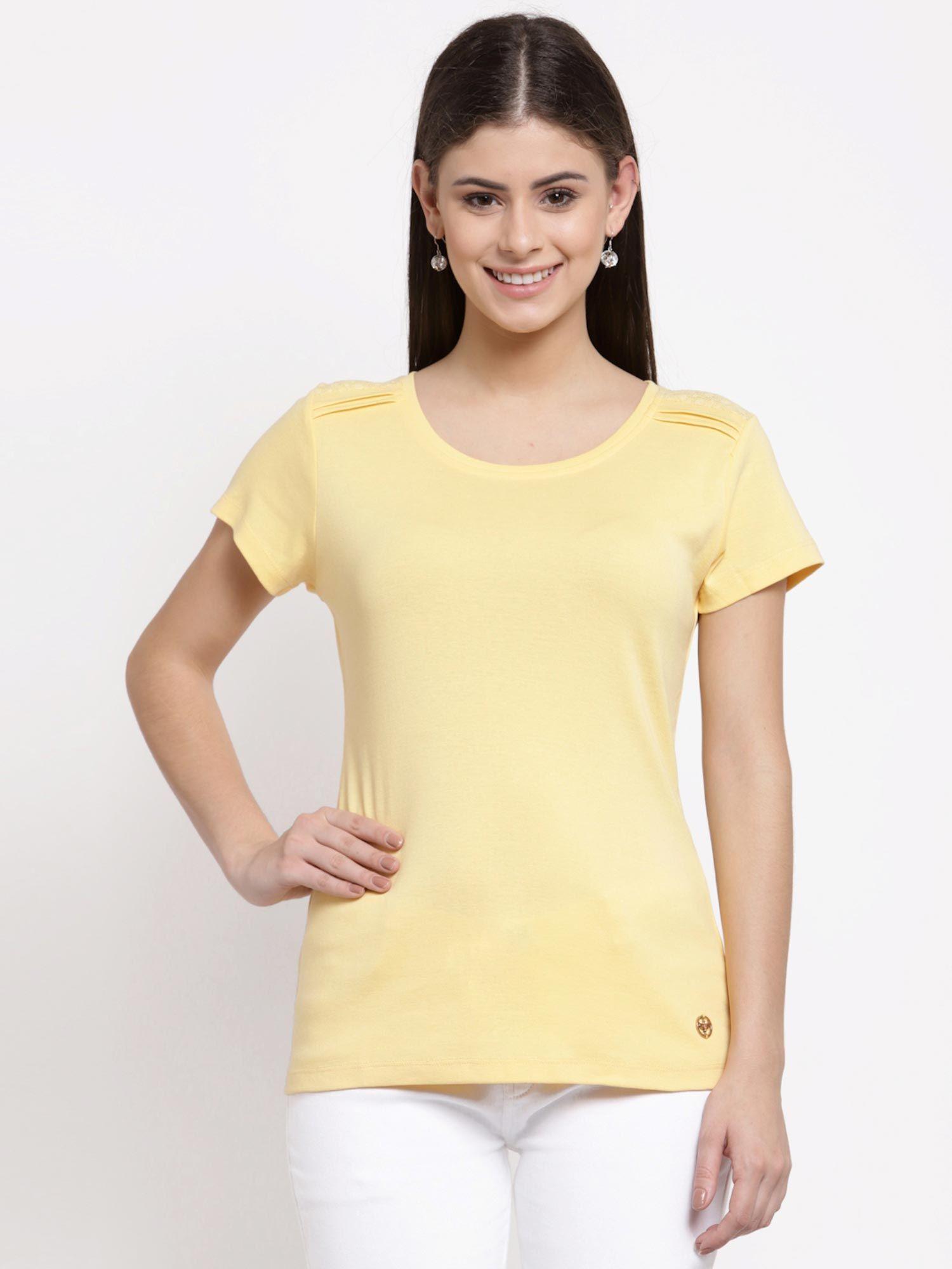 women cotton solid round neck yellow half sleeves t-shirt