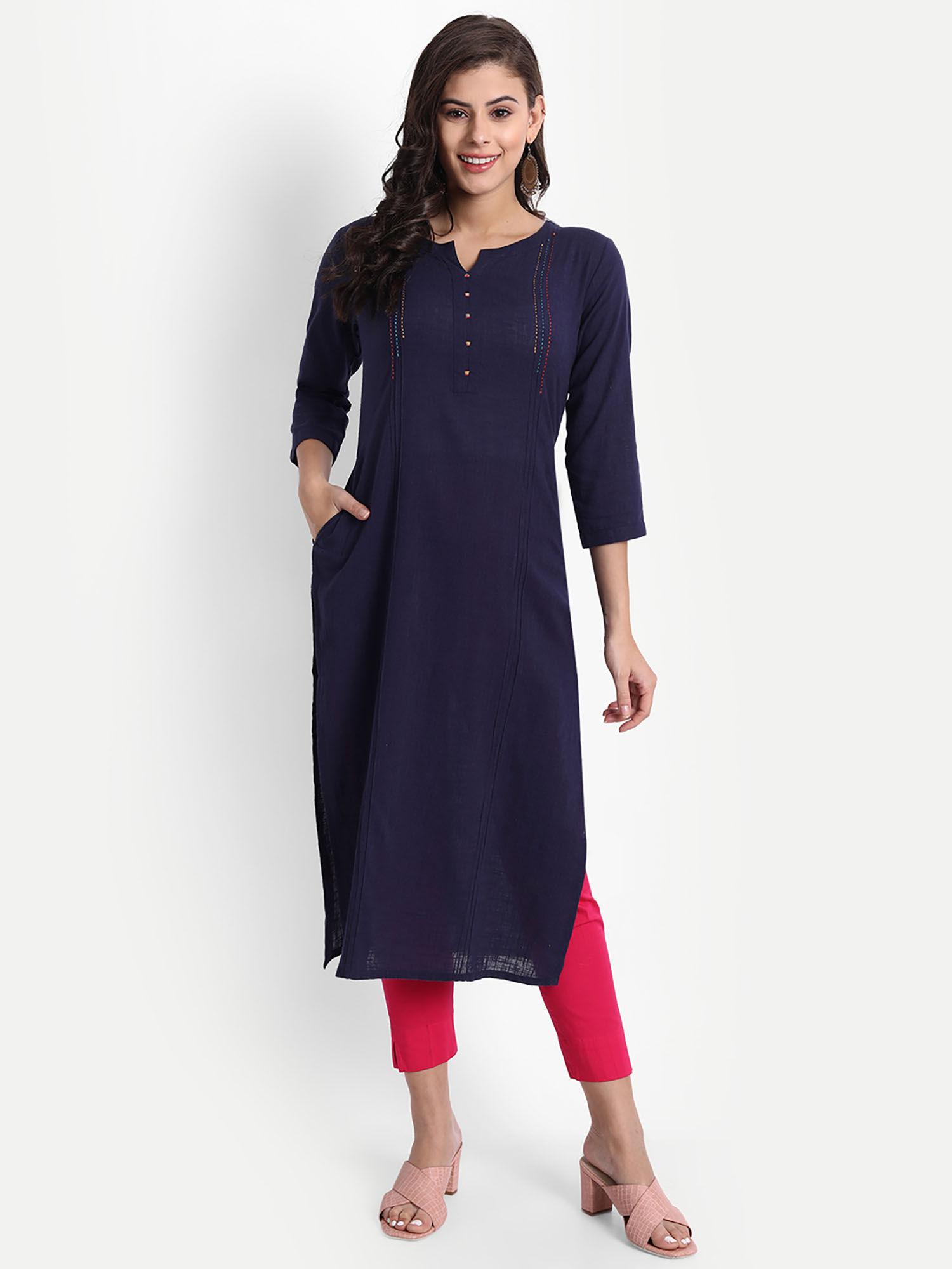 women cotton solid straight kurta - navy blue