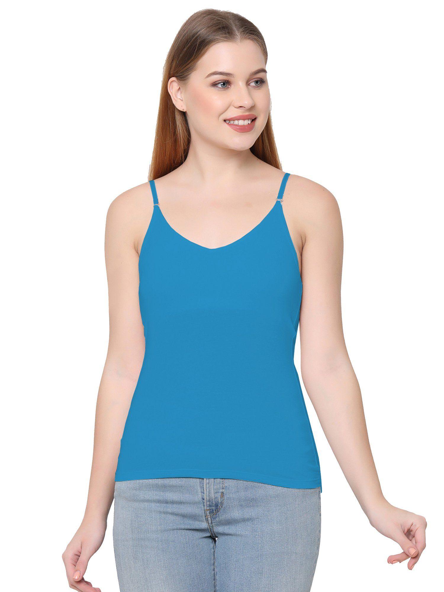 women cotton spandex detachable straps camisole - blue