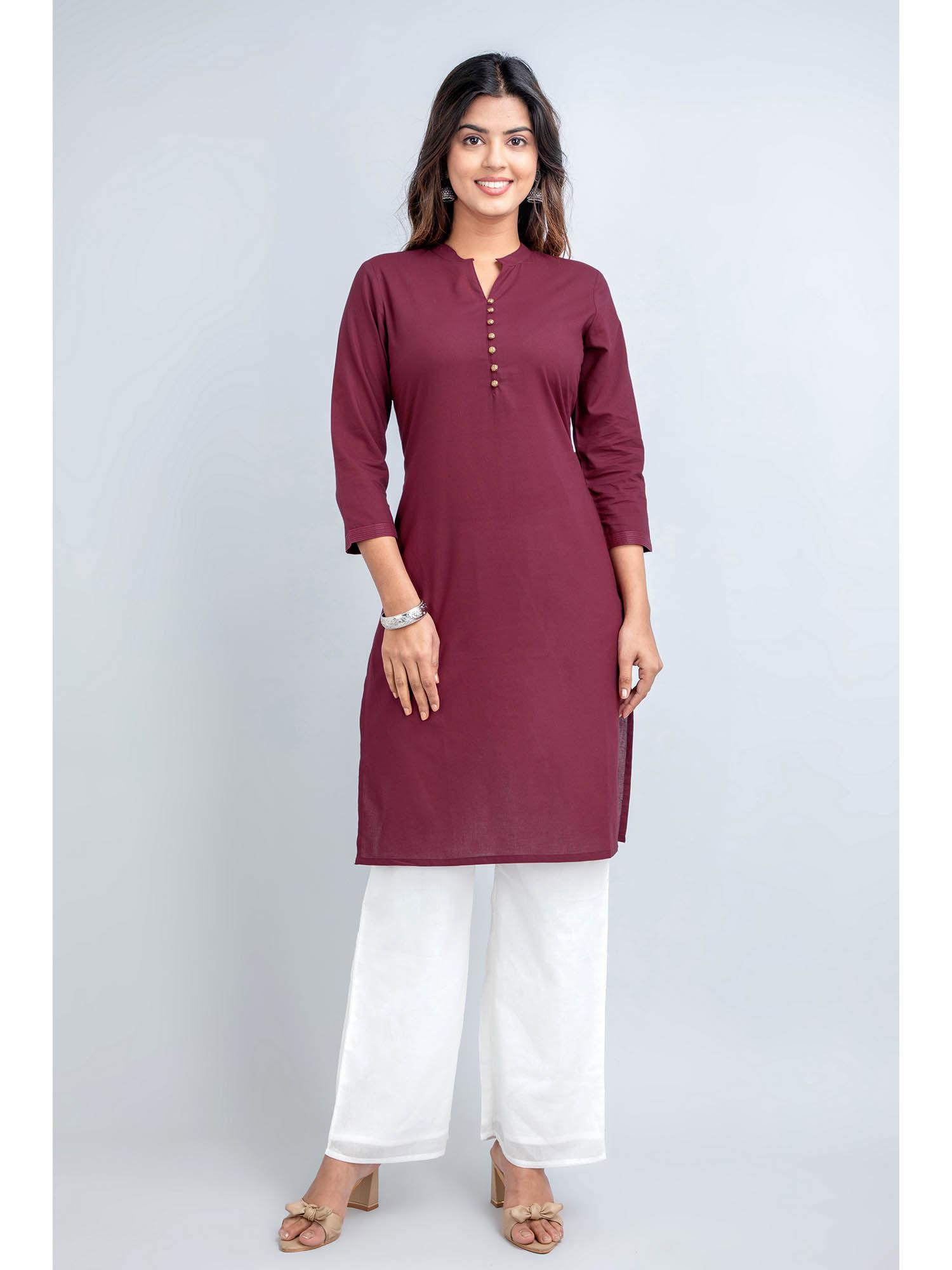 women cotton straight knee length kurta wine