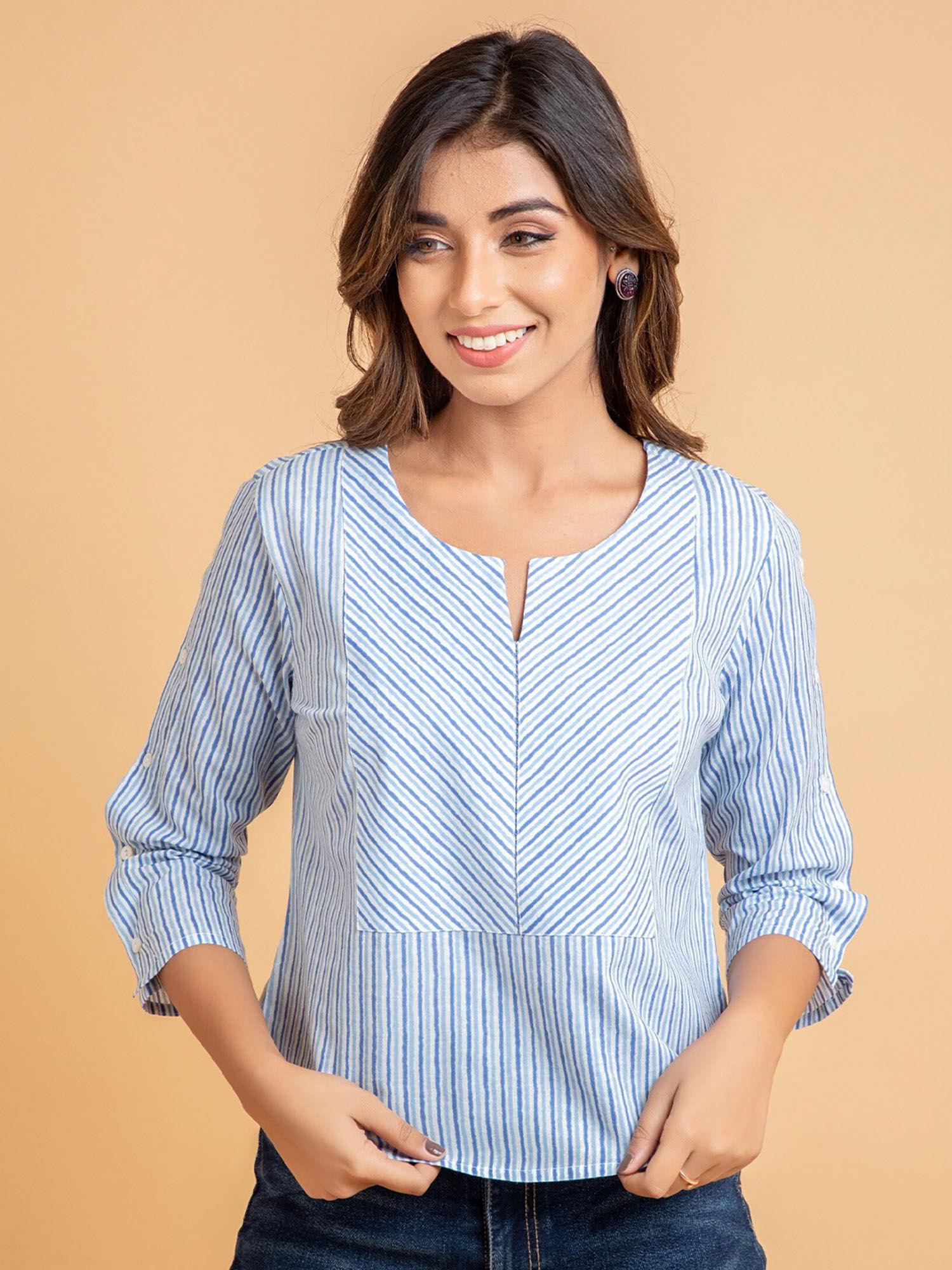 women cotton stripe print top - blue