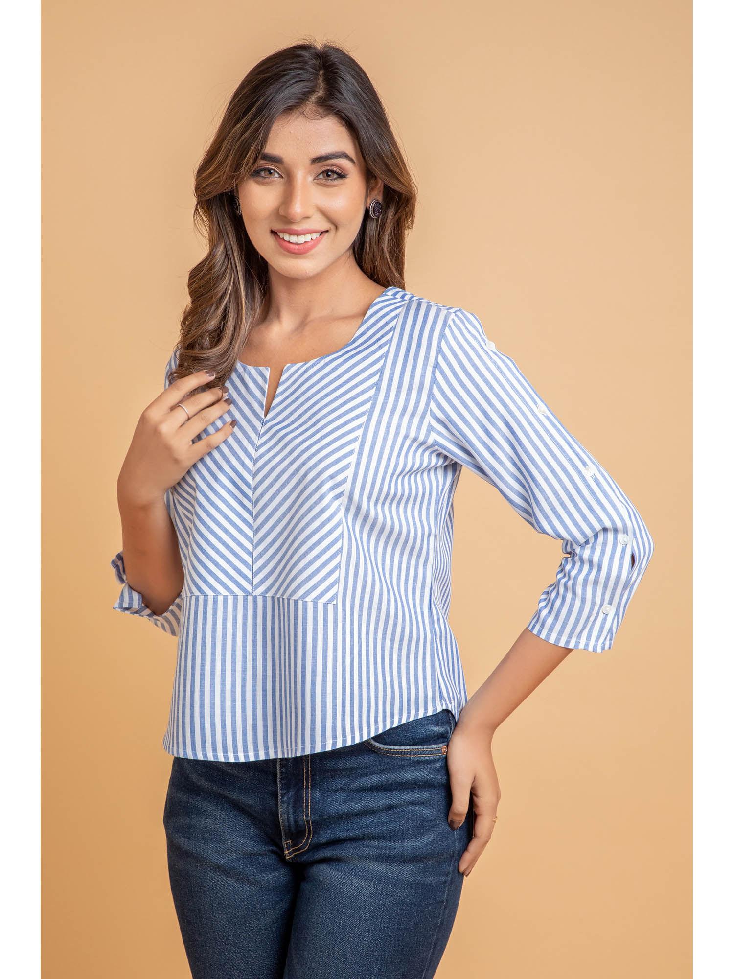 women cotton stripe print top blue