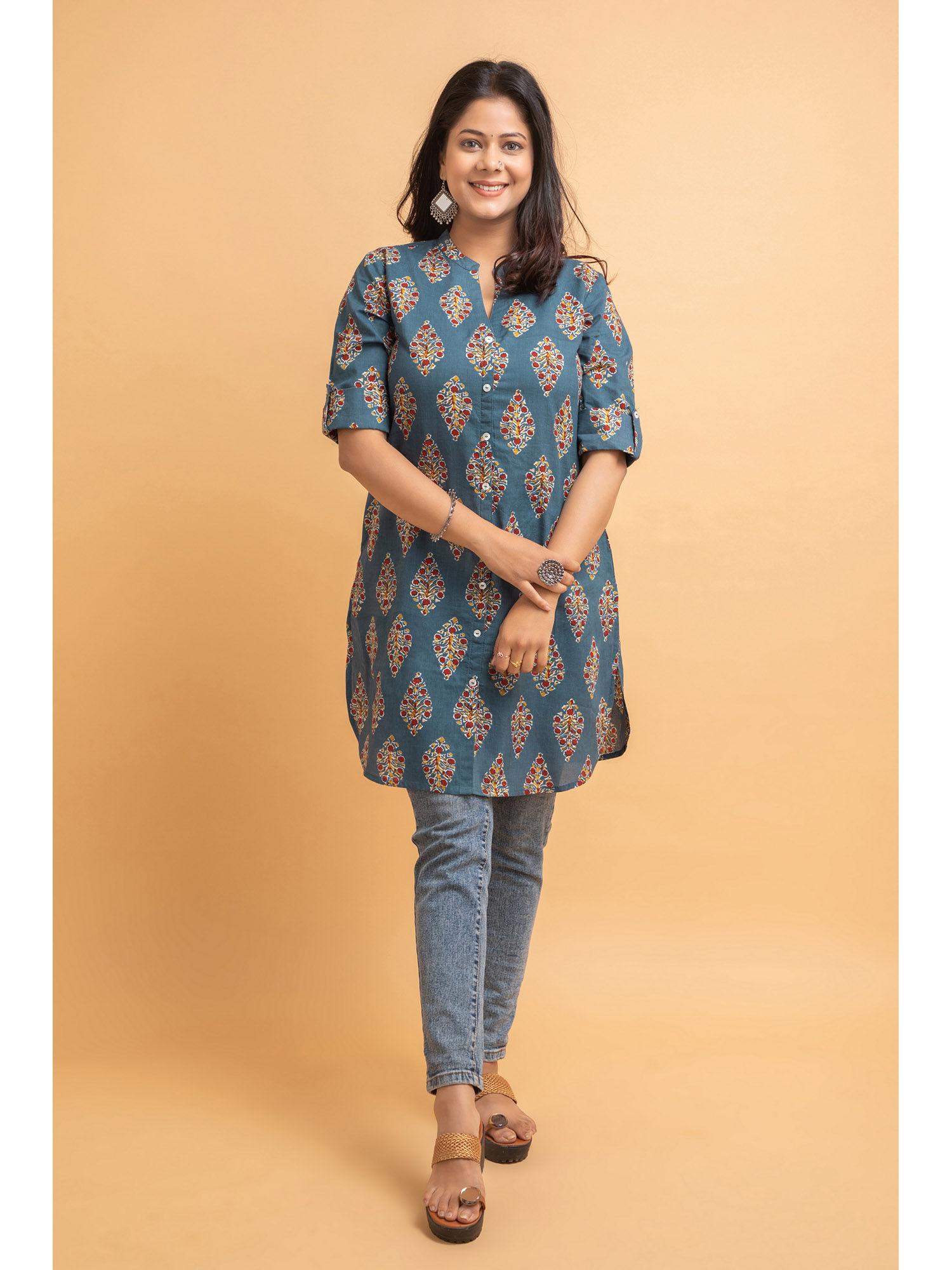 women cotton stylish straight kurta - teal