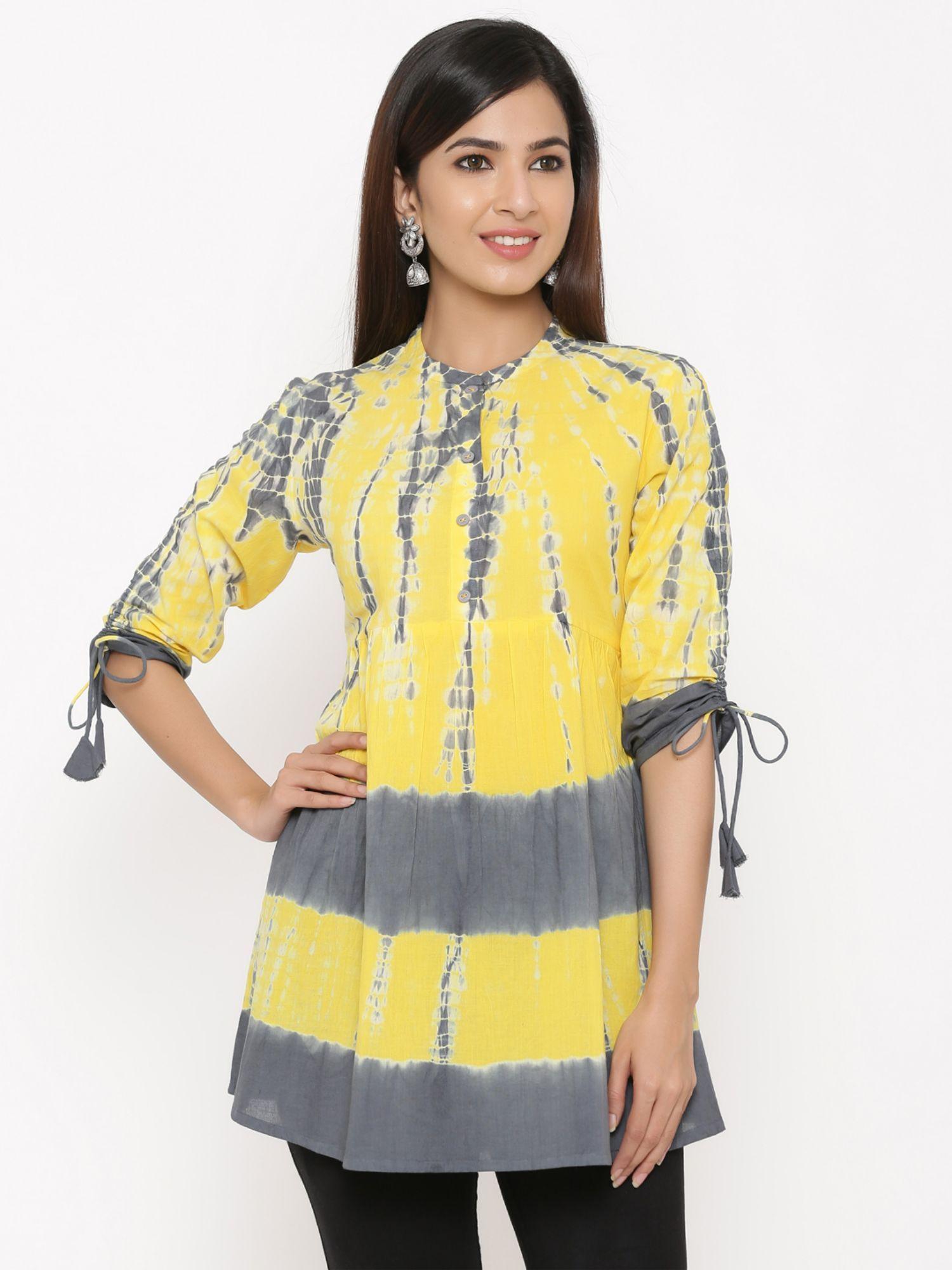 women cotton tie die printed regular top yellow & grey