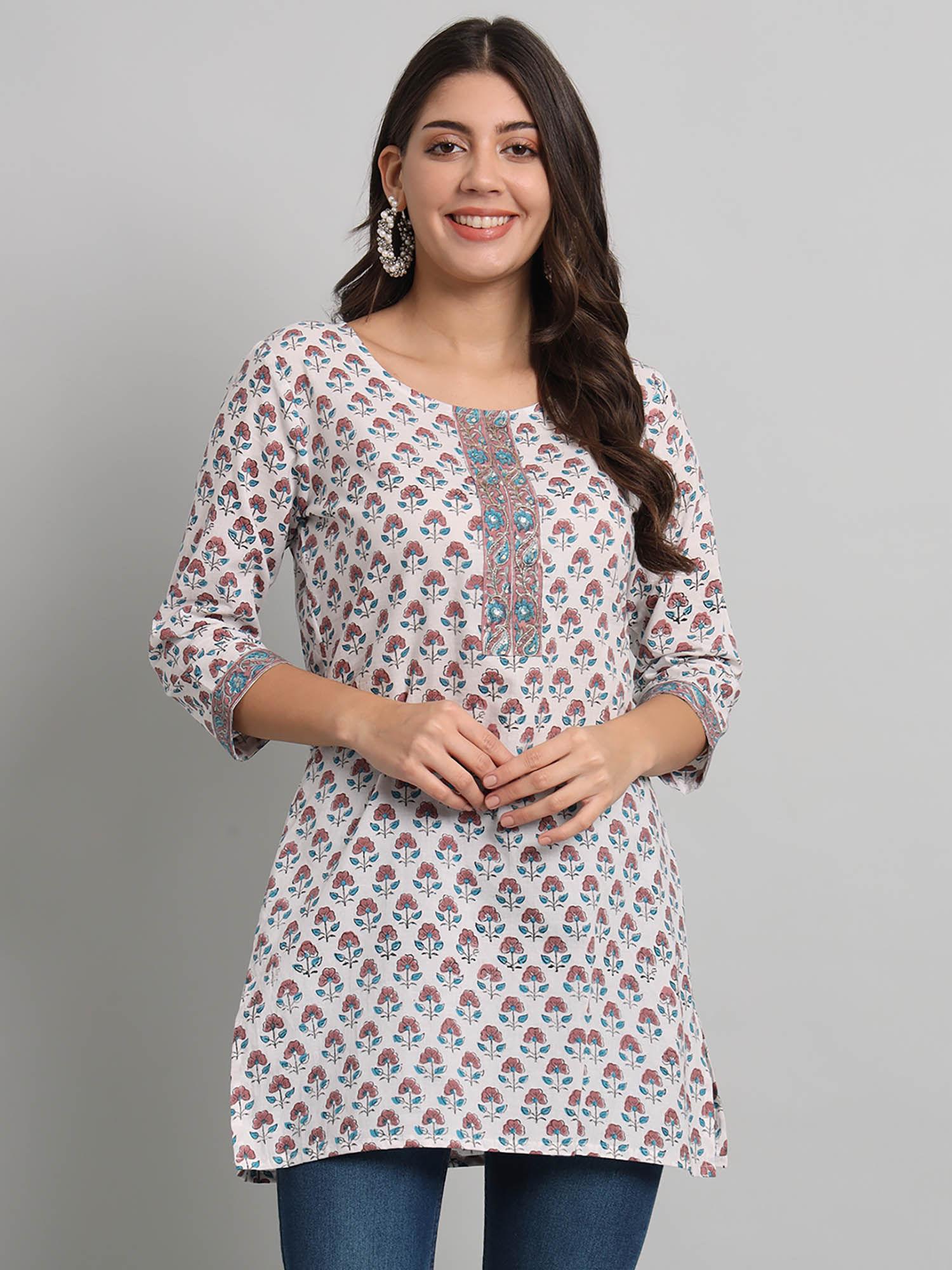 women cotton white and blue ethnic buti printed short kurti