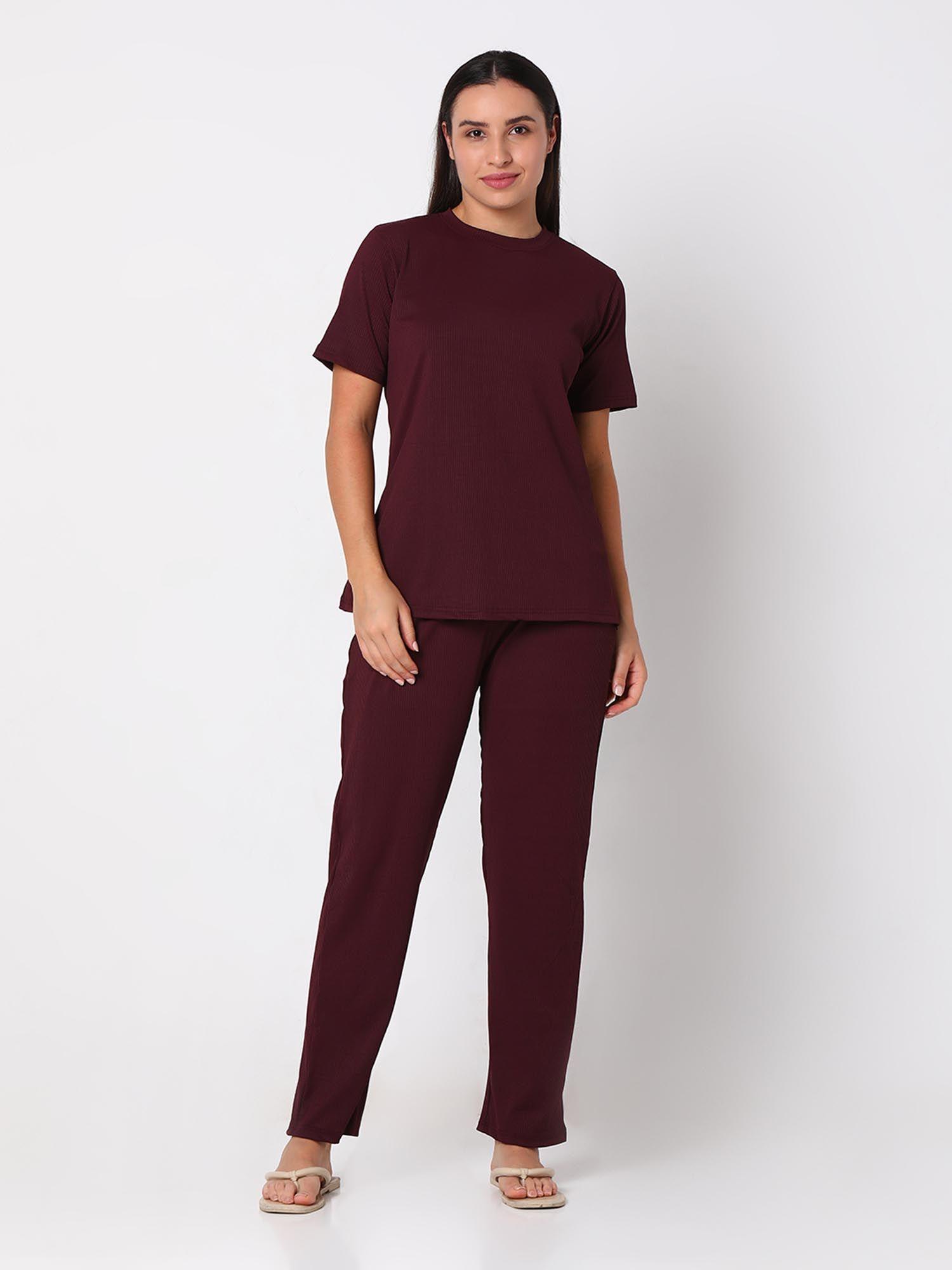 women cotton wine round neck night suit (set of 2)