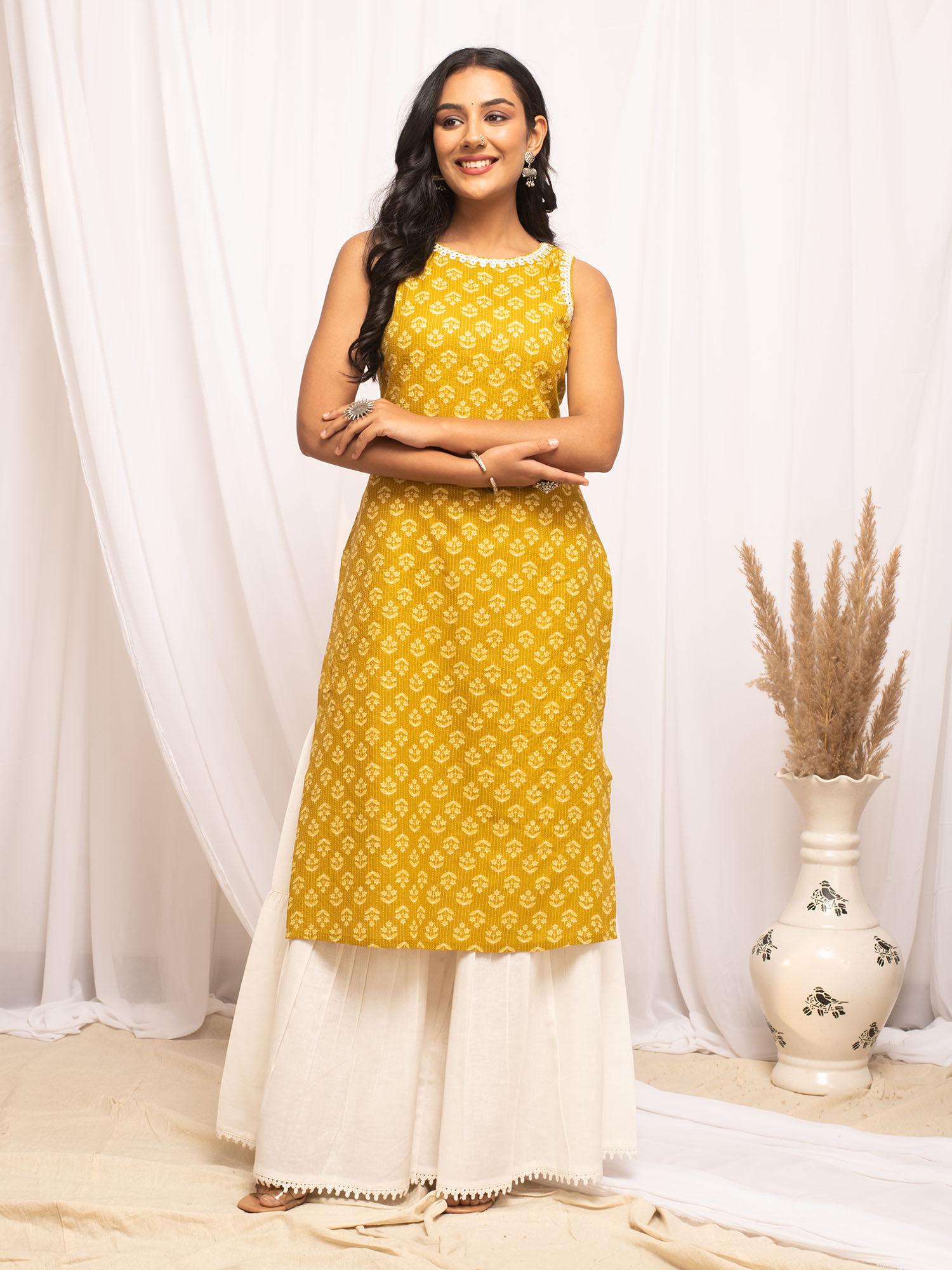 women cotton yellow floral printed kurta