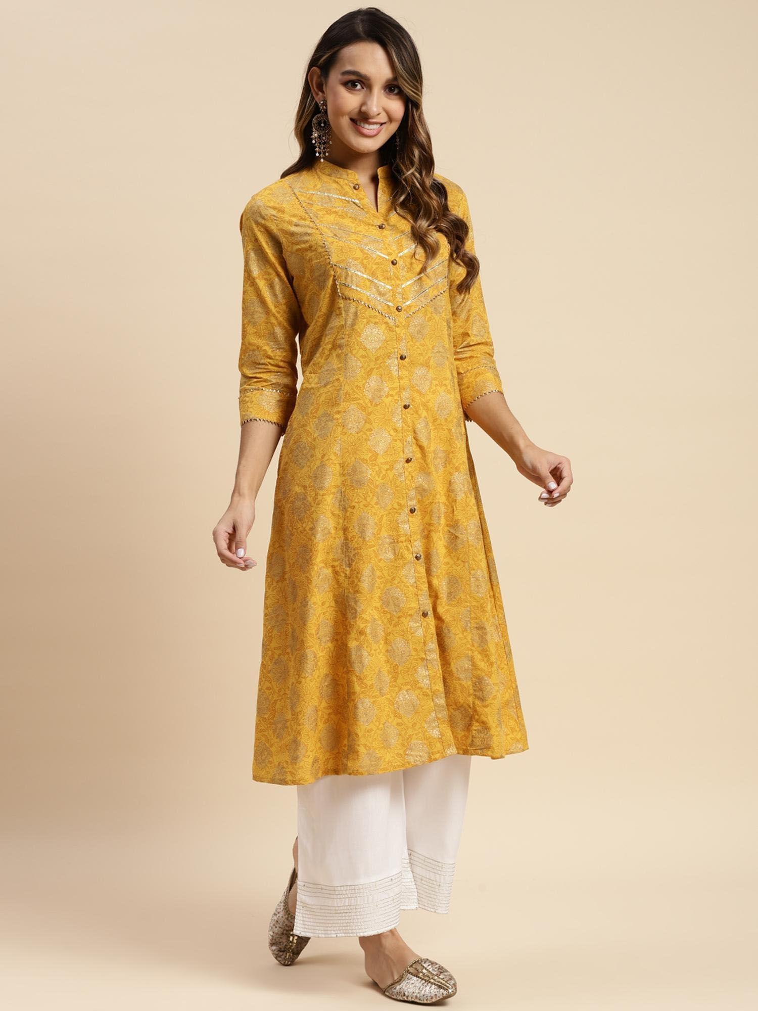 women cotton yellow gold printed calf length kalidar kurta