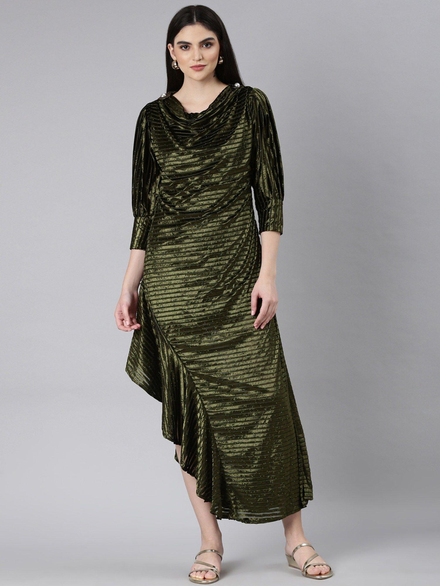 women cowl neck three fourth sleeves embellished olive maxi dress