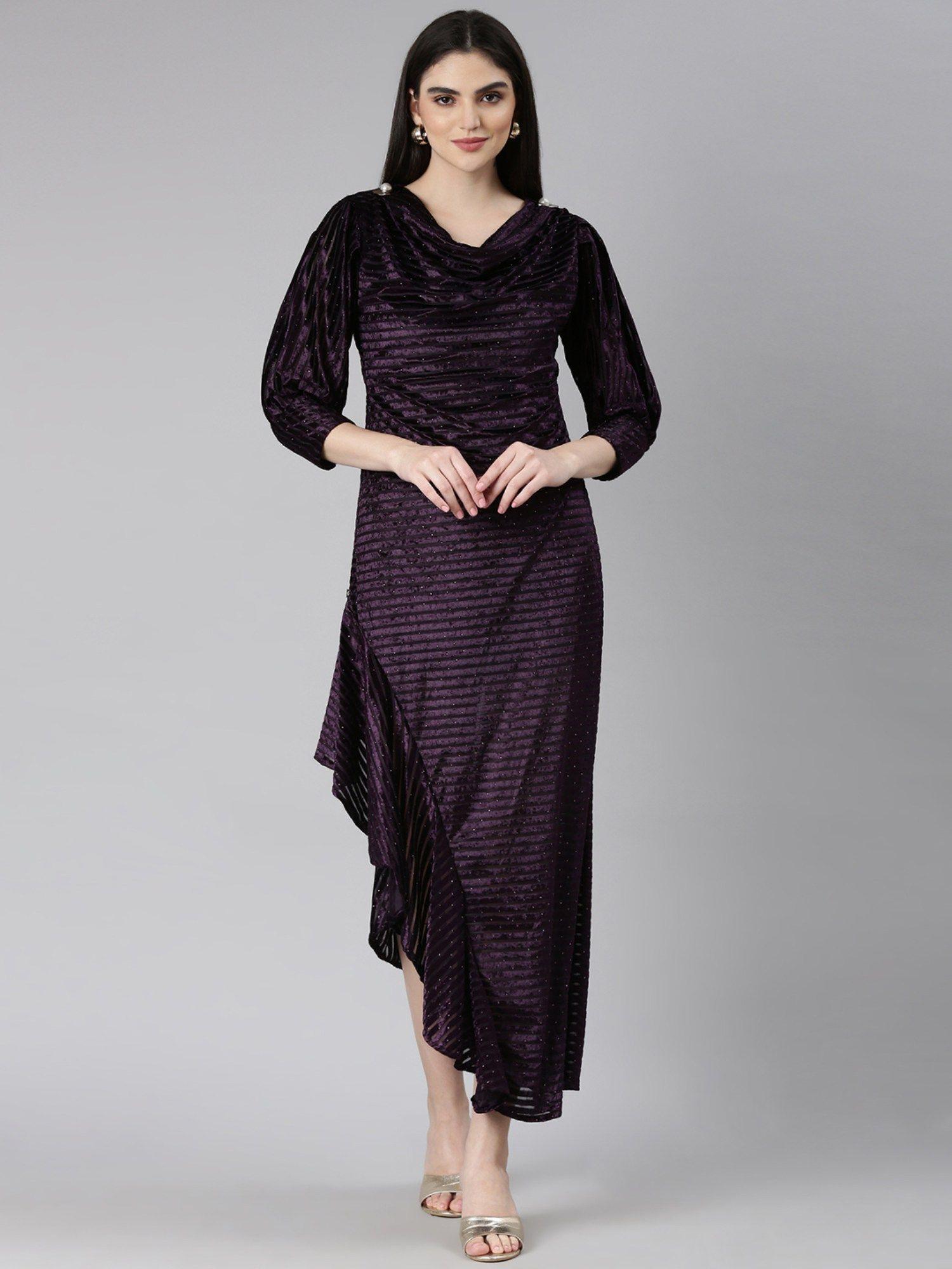 women cowl neck three fourth sleeves embellished purple maxi dress