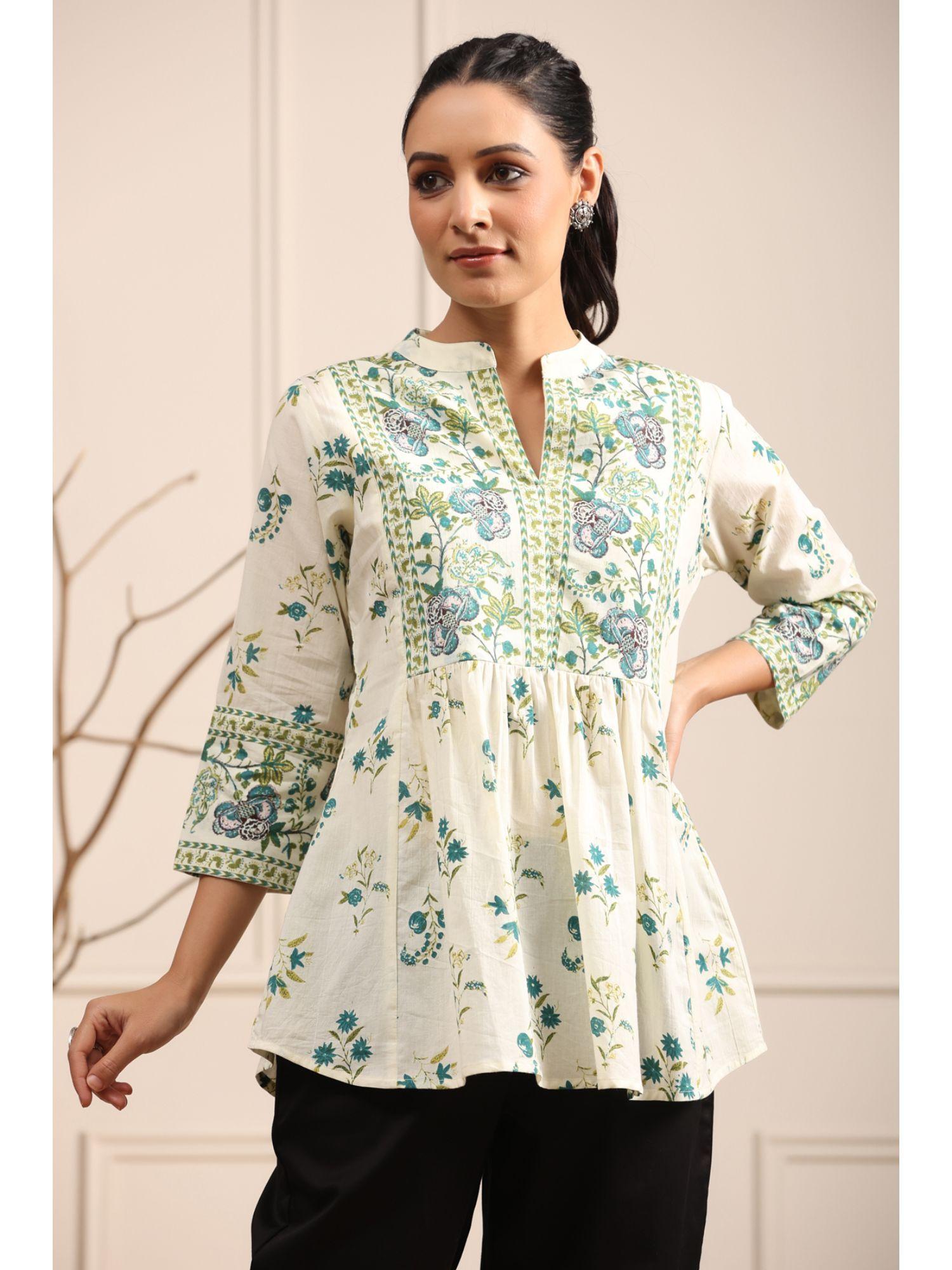 women cream and green floral printed pure cotton mandarin collar kurti