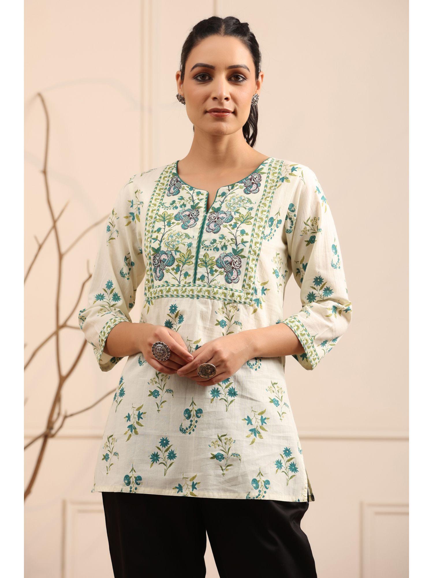 women cream and green floral printed pure cotton straight kurti