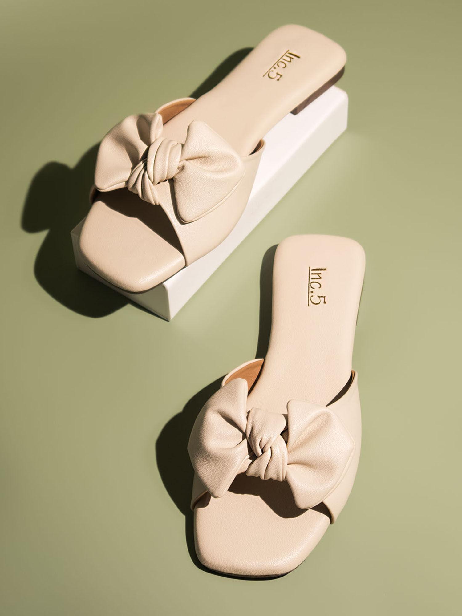 women cream bow strap flats