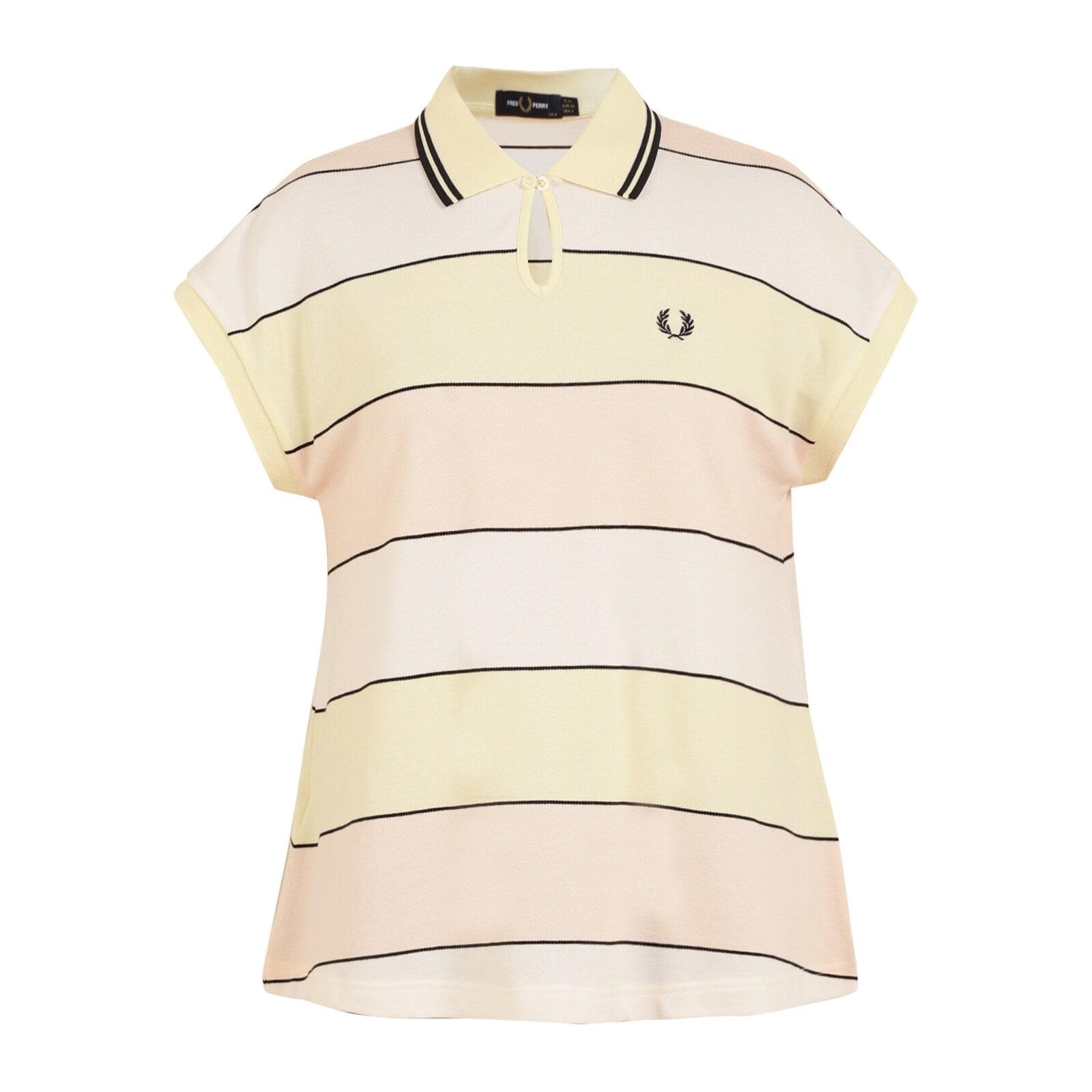 women cream colour-blocked stripes keyhole pique polo