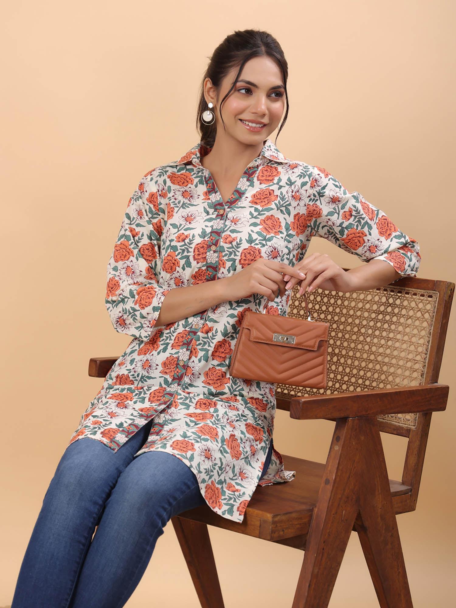 women cream cotton floral a-line tunic