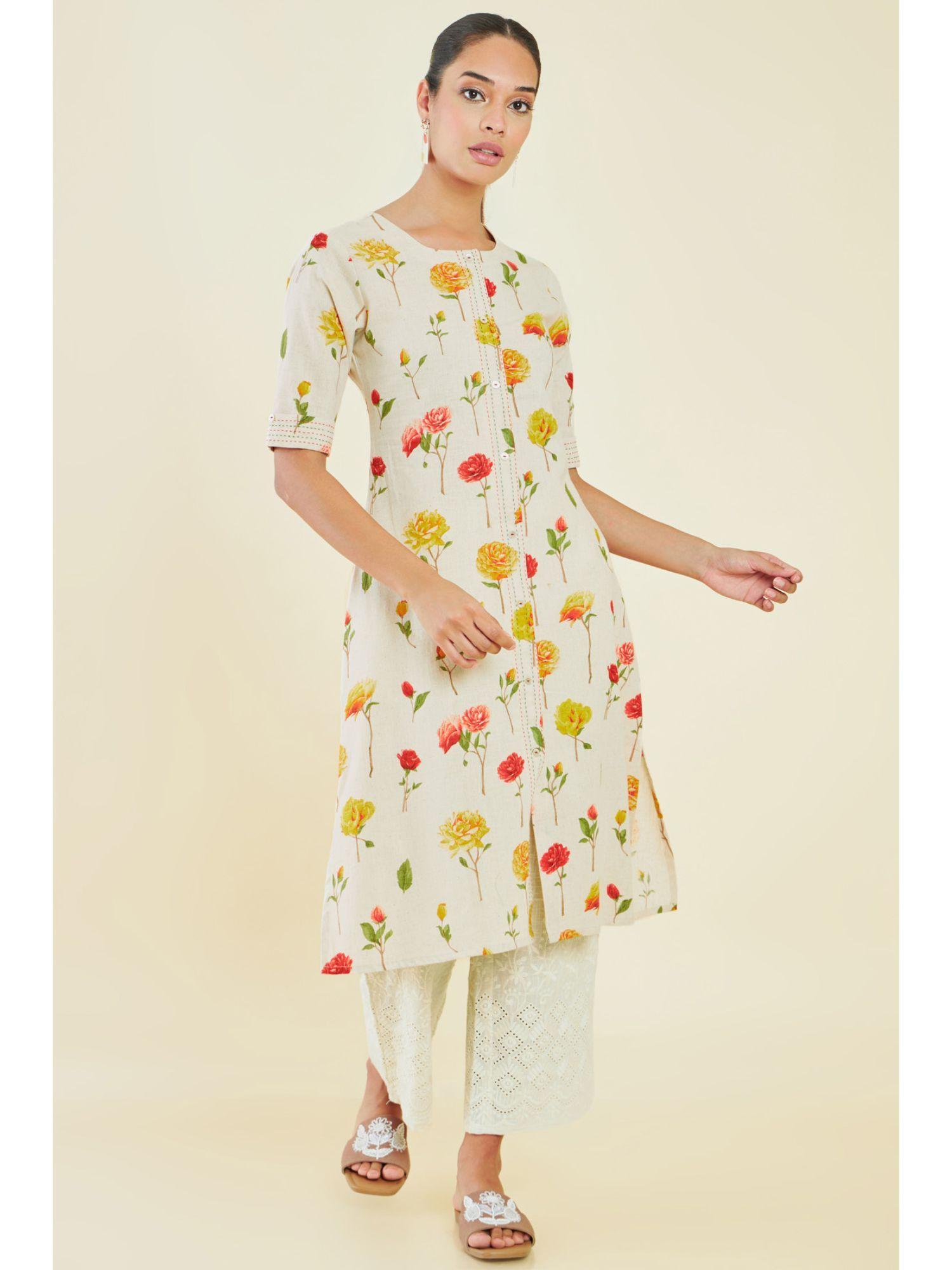 women cream cotton floral kurta