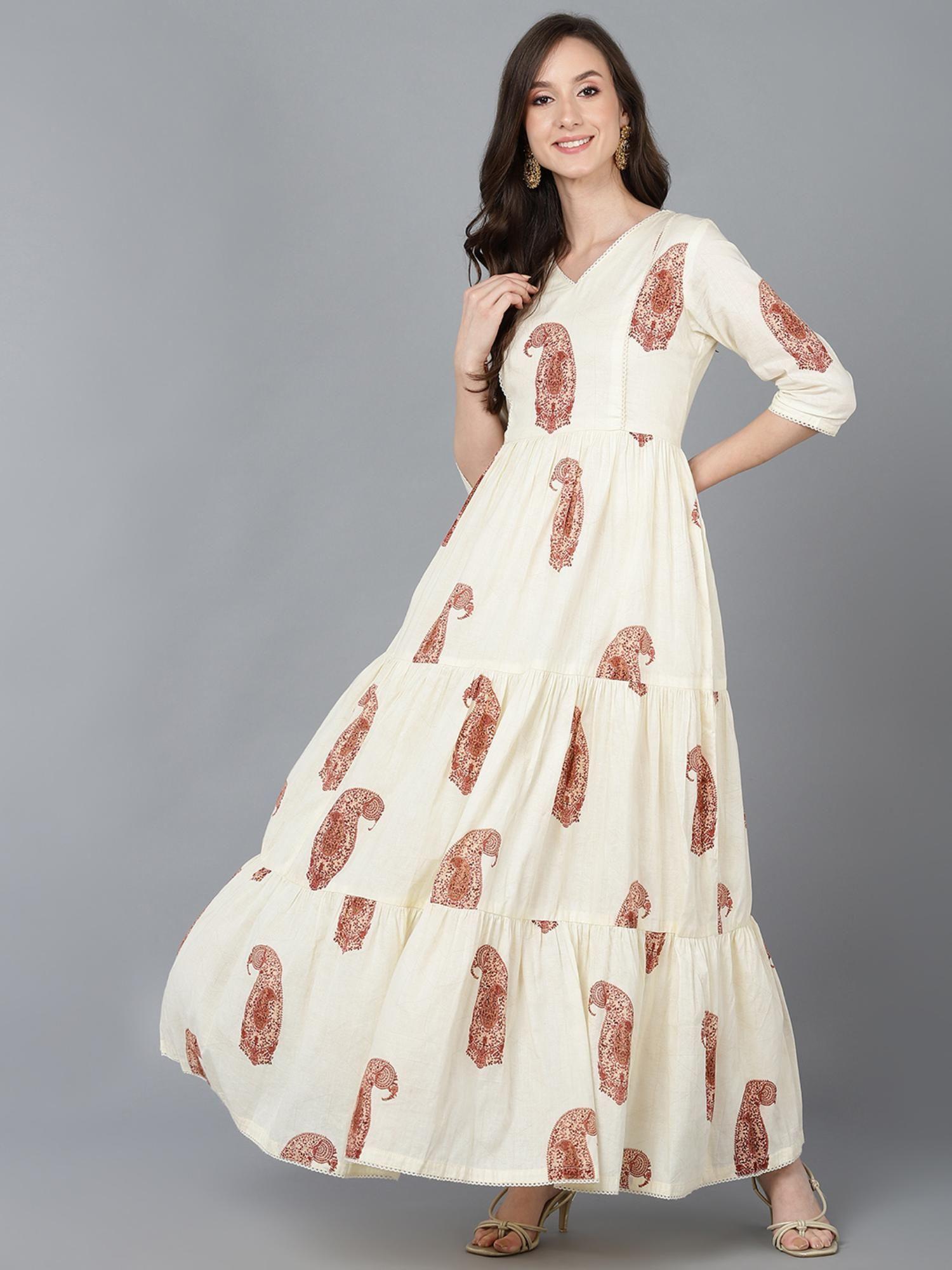 women cream cotton paisley straight dress