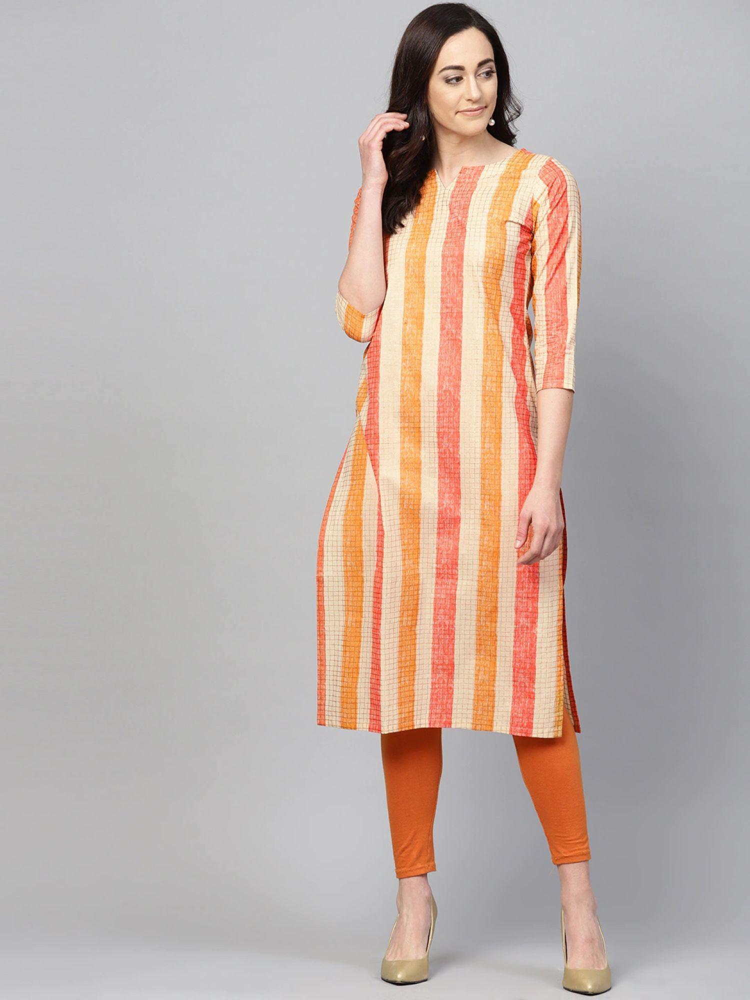 women cream cotton printed straight kurta (vck1100)