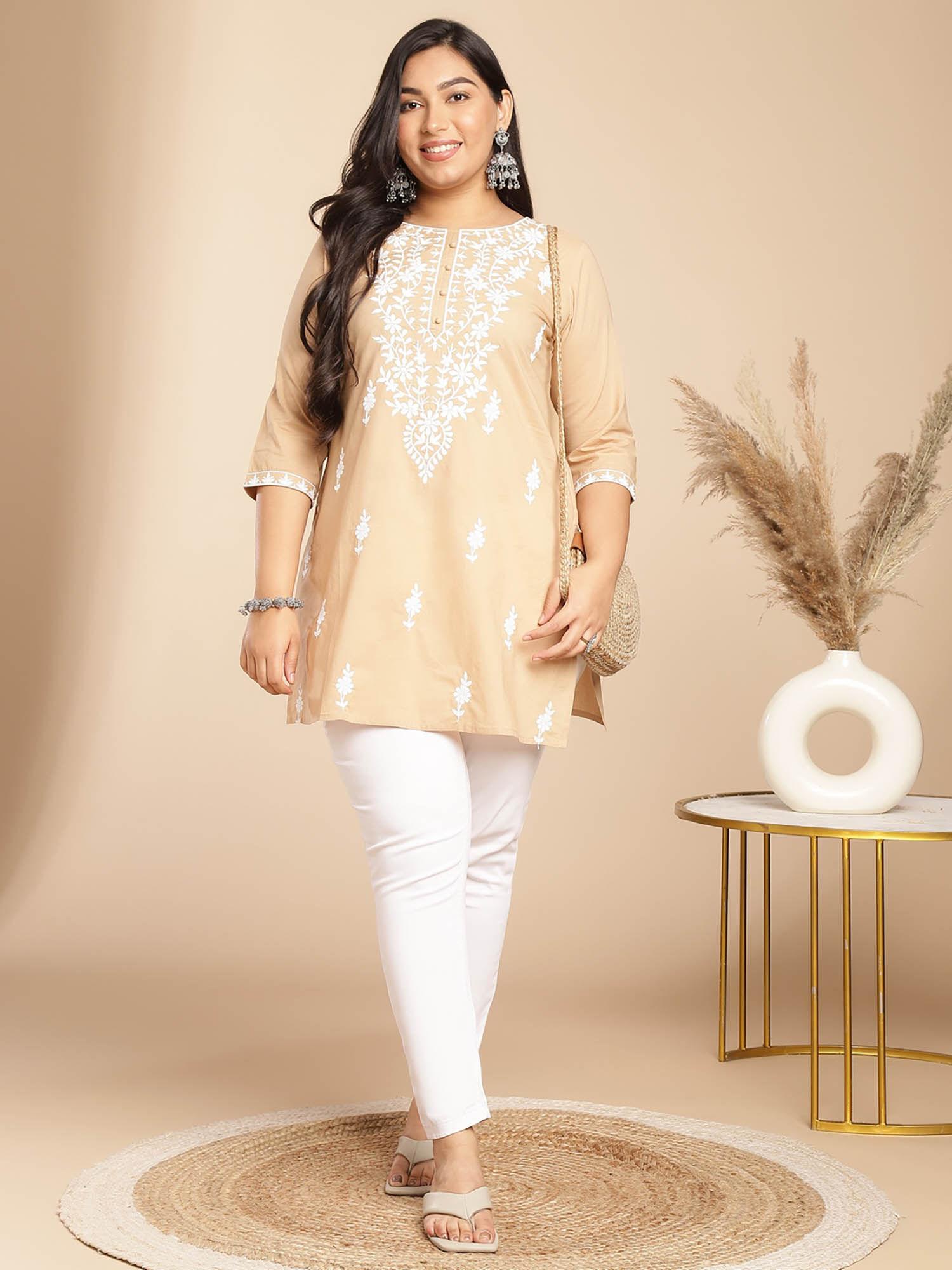 women cream cotton thread work embroidered kurti