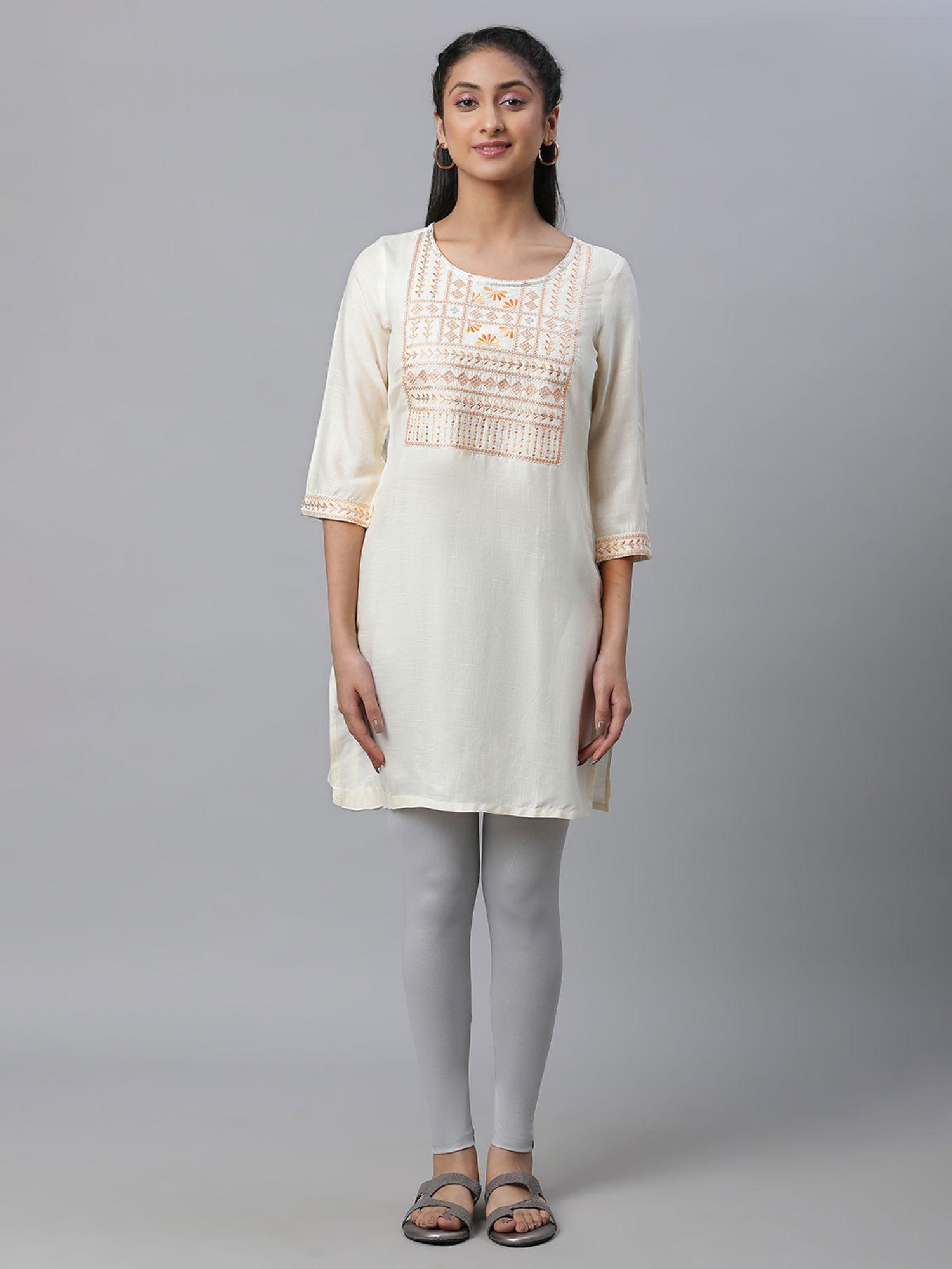 women cream embroidered three fourth sleeves round neck kurti