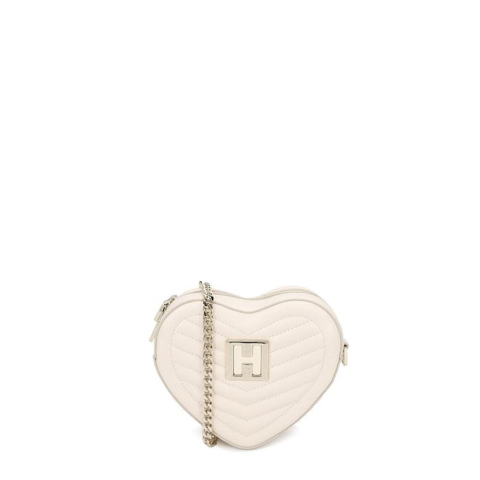 women cream heart-shaped quilted crossbody bag